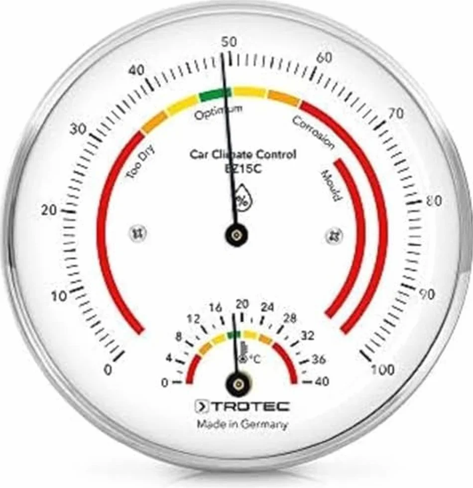 TROTEC BZ15C Termohigrometr ilustruje parametry klimatyczne w garażu mieszczącym pojazdy zabytkowe