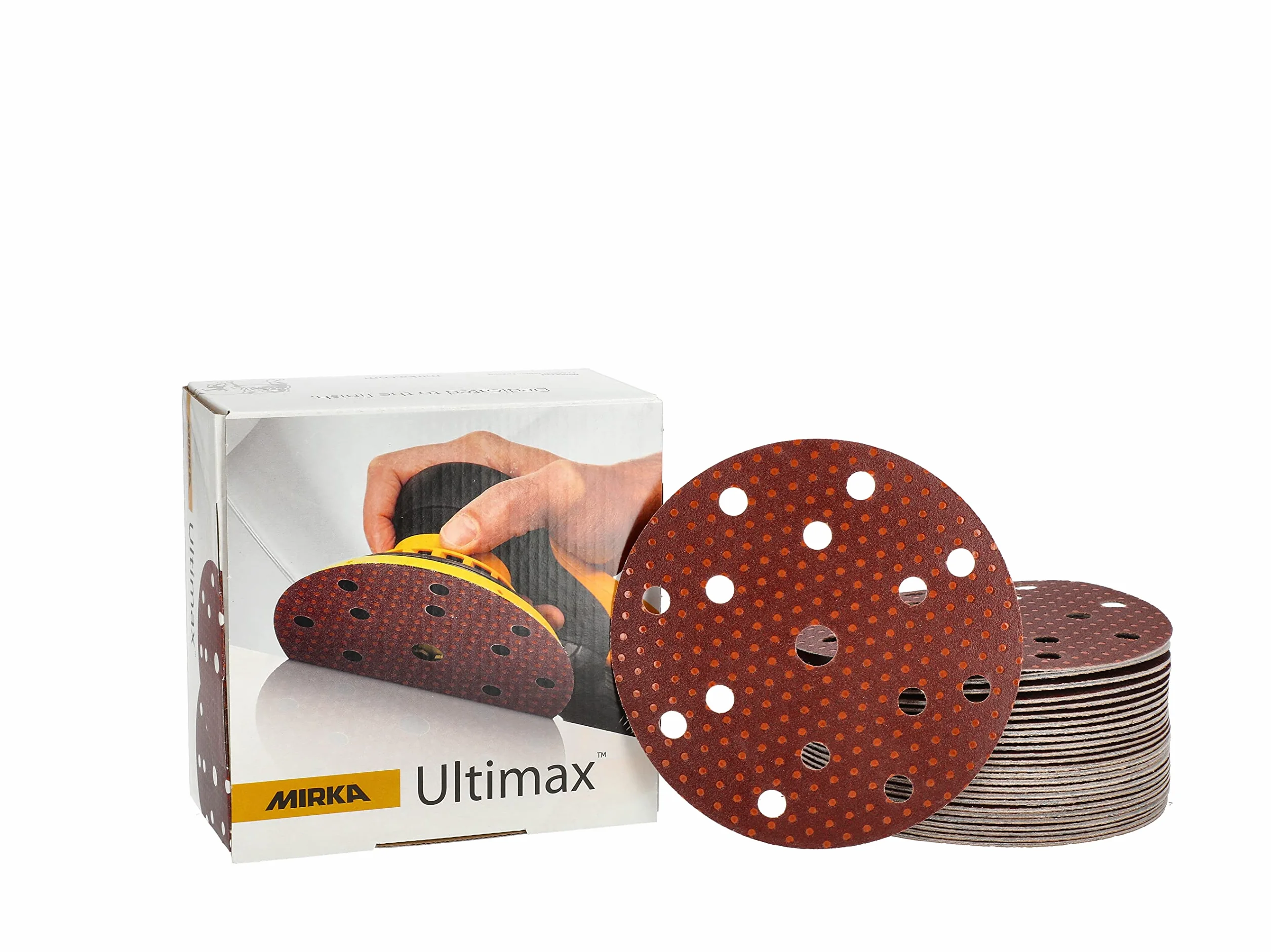 Mirka Ultimax Papier ścierny Ø 150mm rzep 15 otworów/ziarnistość P150 / 50 szt/Do szlifierek 150mm / Szlifowanie miękkiego i twardego drewna, materiałów mineralnych, lakierów starych twardych