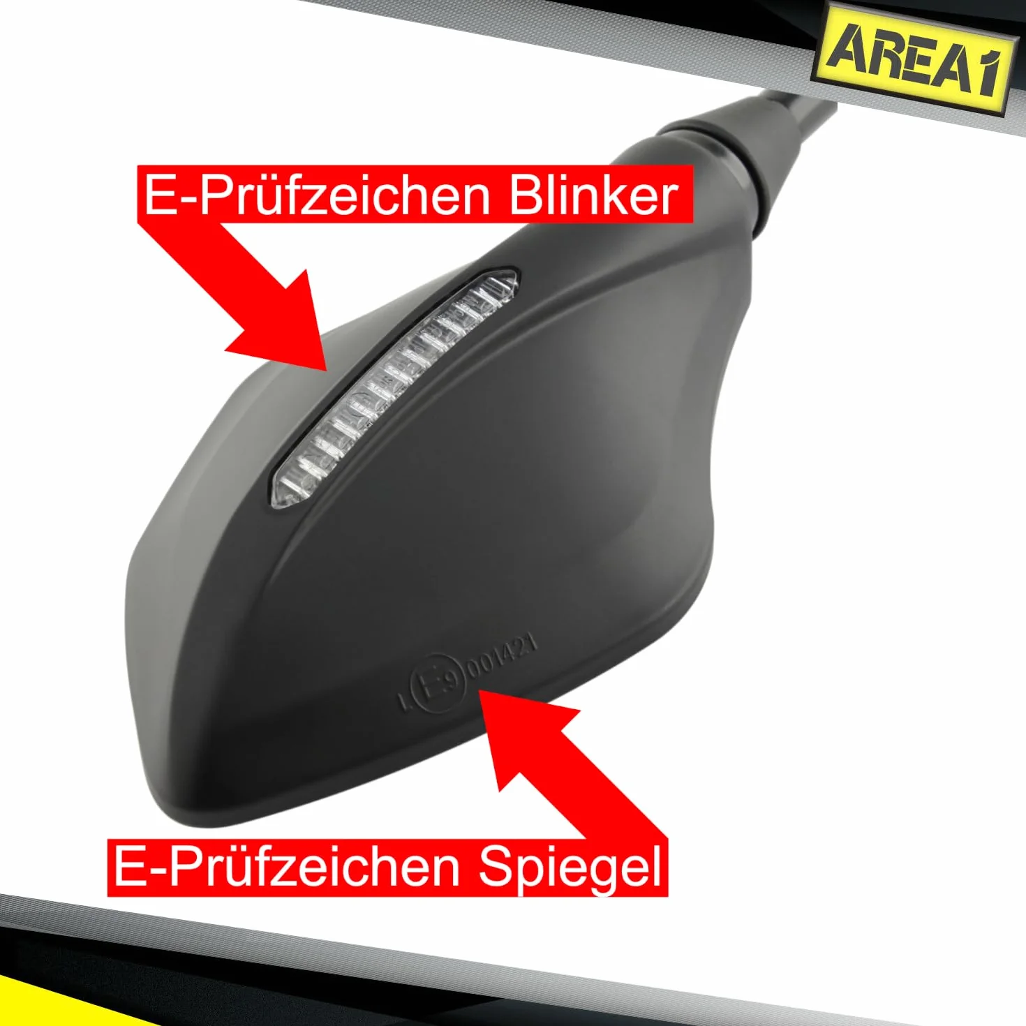 Area1 Lusterko motocyklową z kierunkowskazem LED. Zestaw lusterek wstecznych (prawe i lewe), atest E, 2 x M10 prawy + 1 x gwint lewy. Kompatybilne z