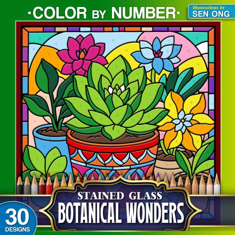 Botanical Wonders Stained Glass Color by Number: 30 Diverse Plant Designs to Celebrate Nature's Beauty