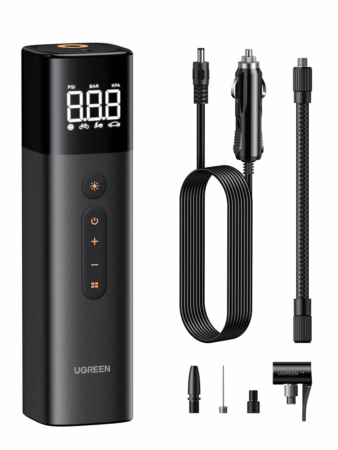 UGREEN Pompka powietrza (0,2-10,3bar) Elektryczny kompresor Przenośna pompka rowerowa Mini pompka do opon z cyfrowym wyświetlaczem LED Oświetlenie LED do wszystkich rowerów, motocykli i samochodów