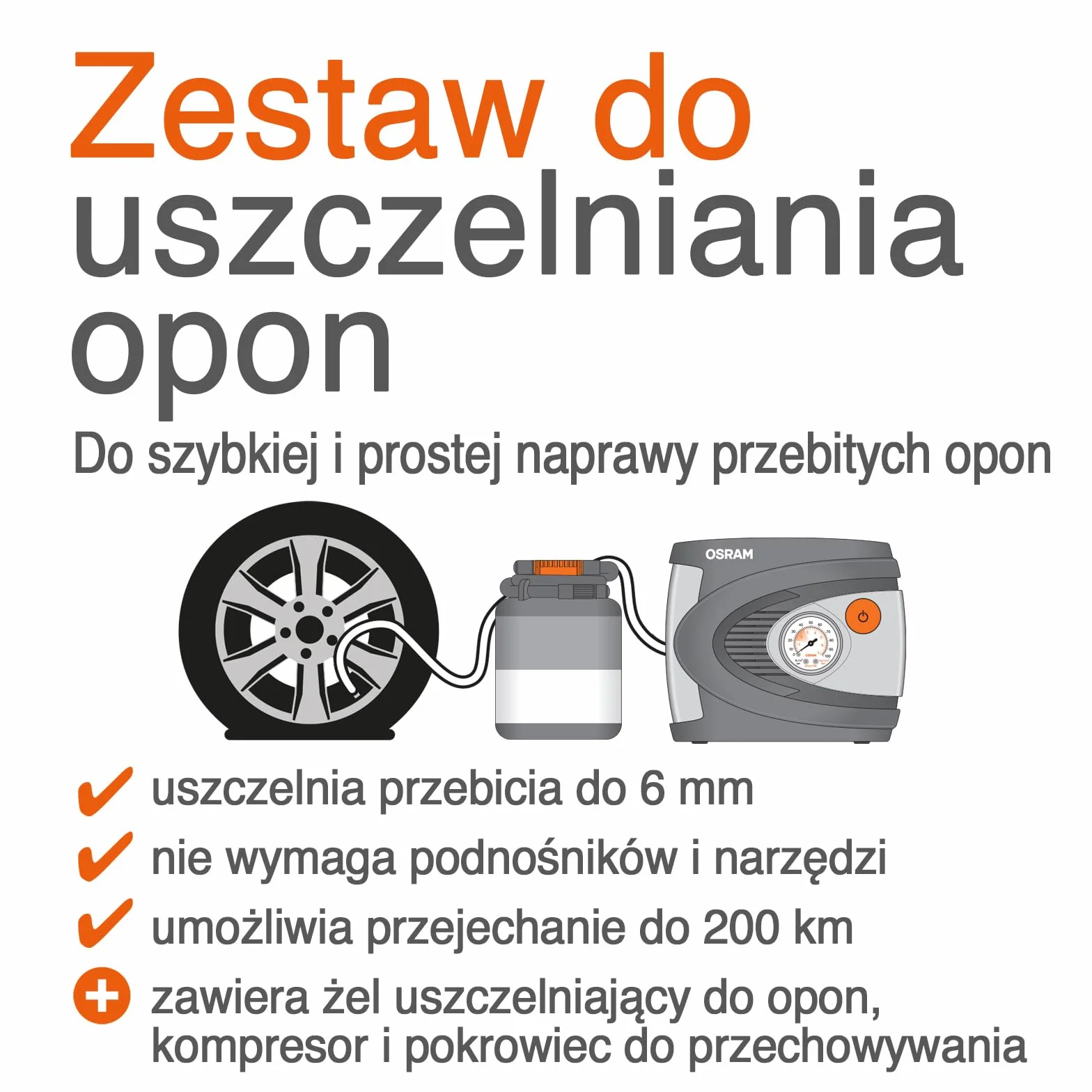 OSRAM TYREseal KIT ESSENTIAL, uszczelniacz do opon 450 ml, kompresor analogowy, TPMS Safe, zestaw