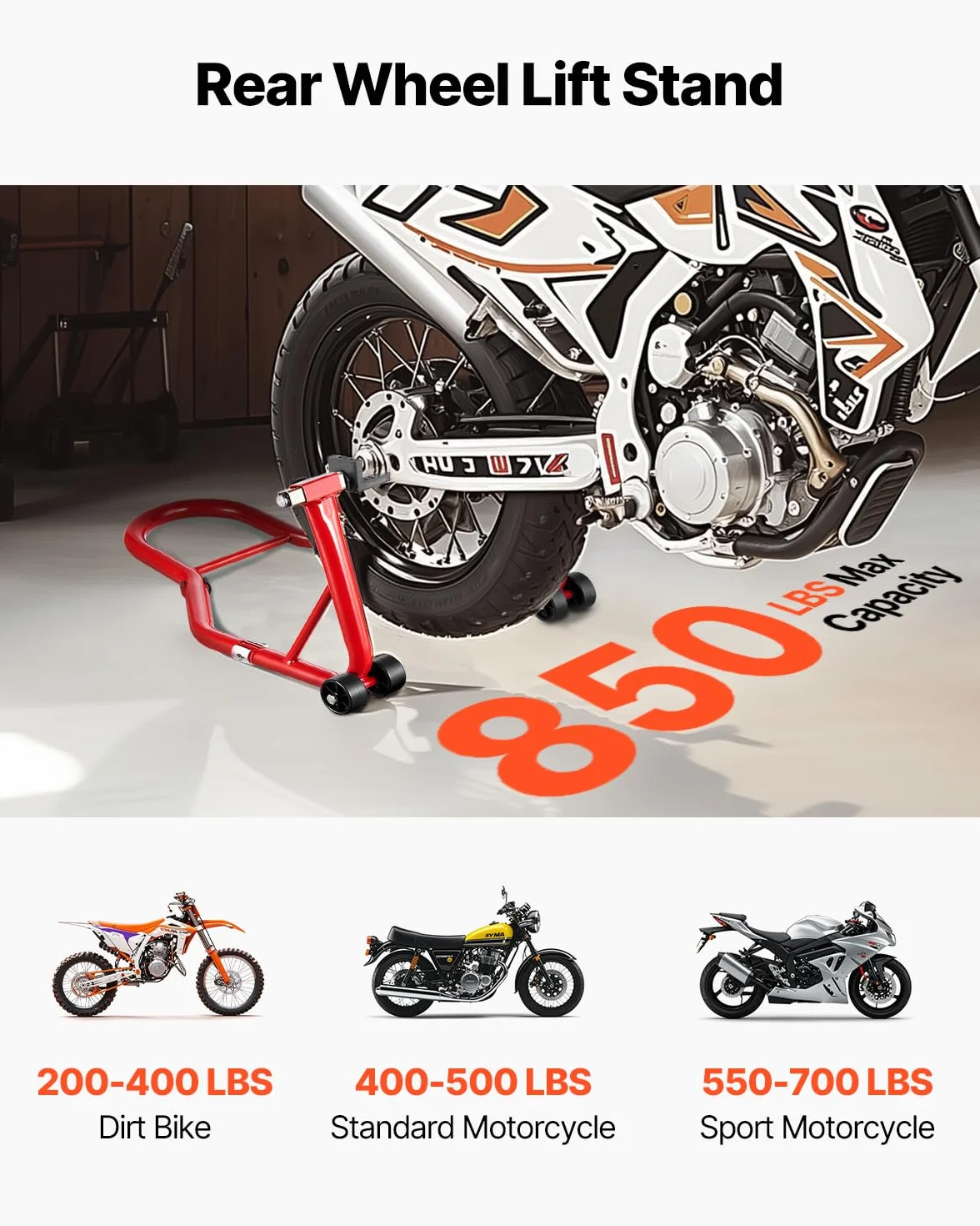 VEVOR Stojak na tylne koło motocykła, nośność 385 kg, wytrzymały stojak ze szpulą widelca U + L, regulowany podnośnik motocyklowy do Suzuki, Yamaha, Honda, Kawasaki, czerwony