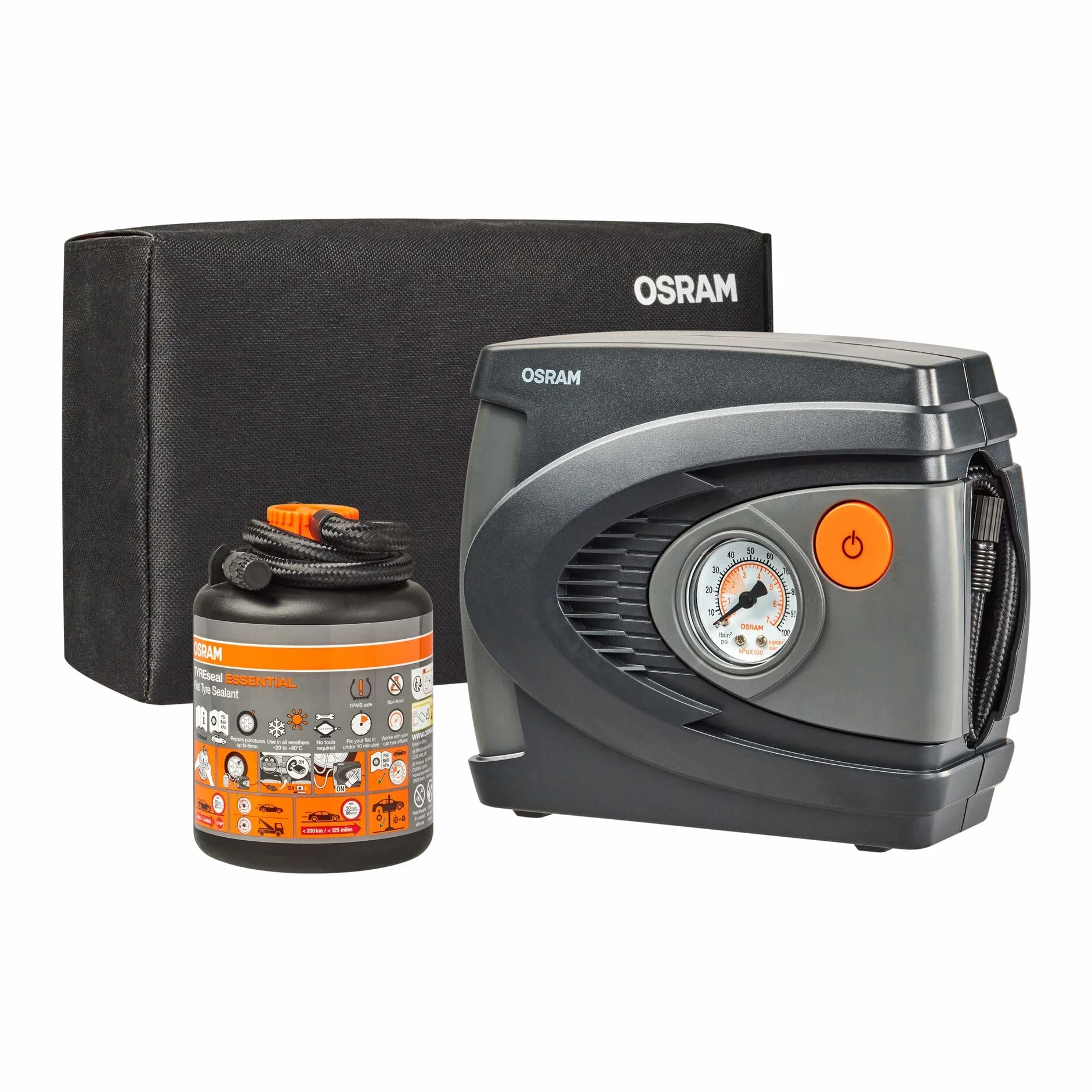 OSRAM TYREseal KIT ESSENTIAL, uszczelniacz do opon 450 ml, kompresor analogowy, TPMS Safe, zestaw