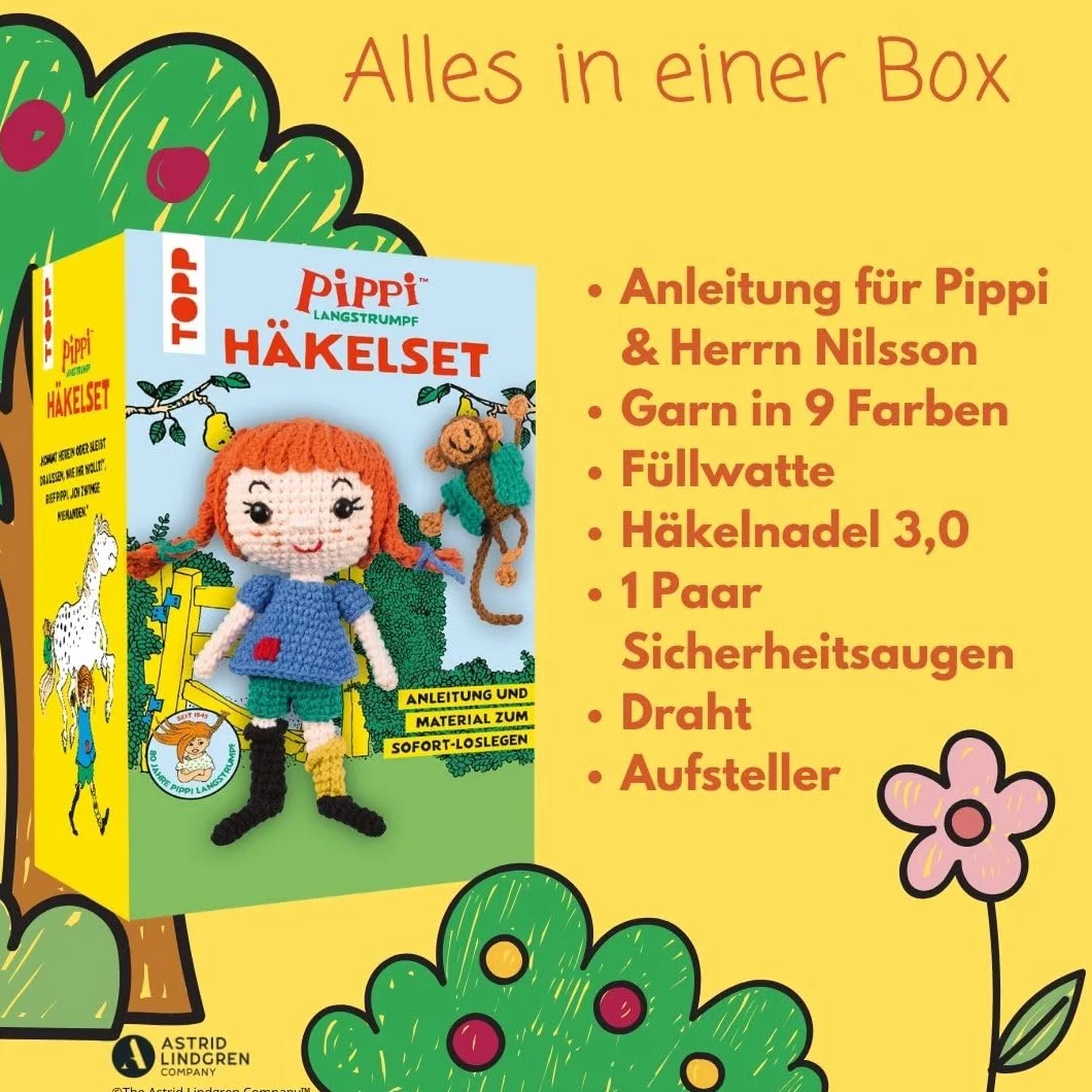 Pippi Langstrumpf - Das offizielle Häkelset zum 80. Geburtstag: Anleitung, Misch-Garn in 9 Farben, Füllwatte, Häkelnadel 3,0 mm, Sicherheitsaugen, Draht, Aufsteller
