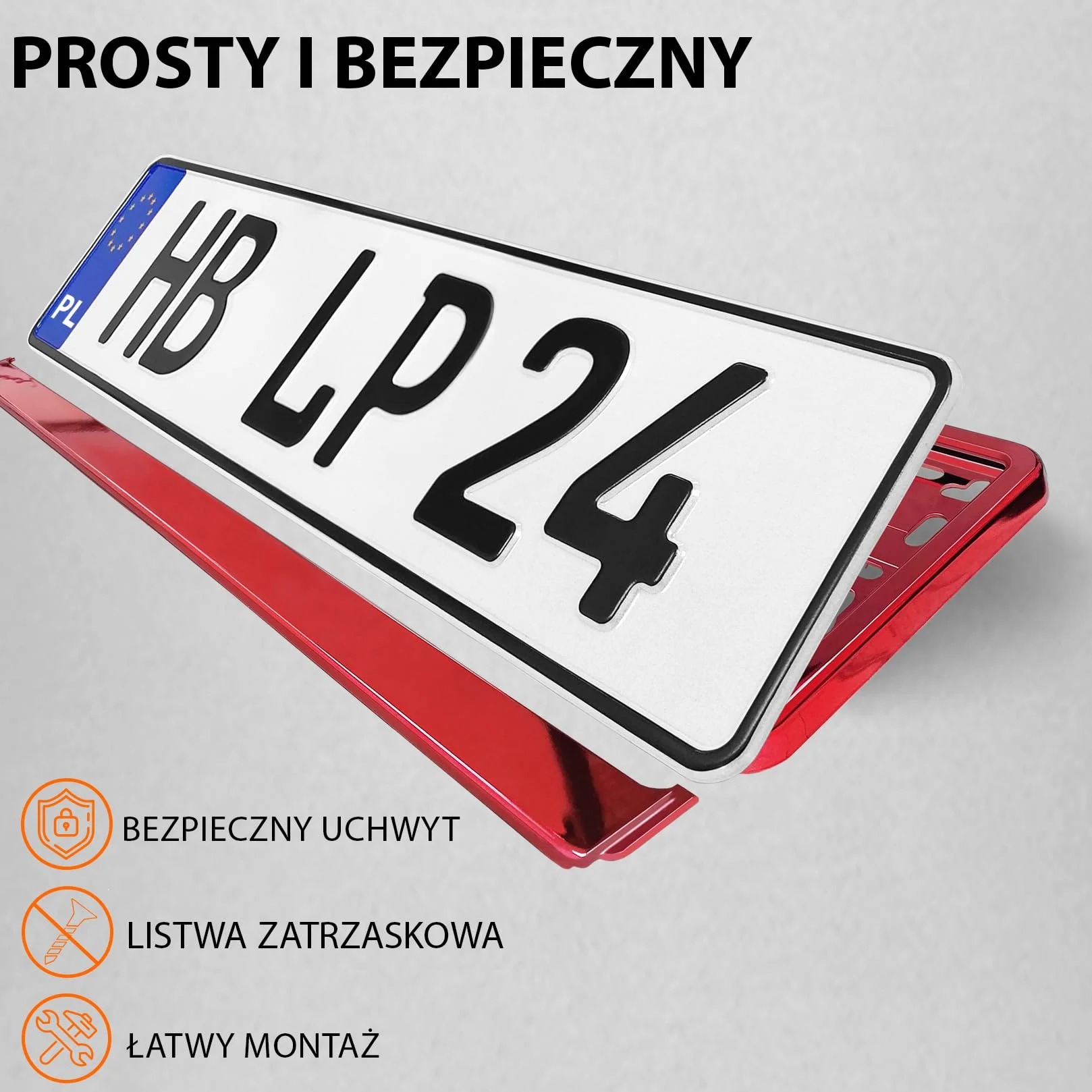 Uchwyt tablicy rejestracyjnej 520x110 mm czerwony chrom 8 śrub Ramka do tablic rejestracyjnych