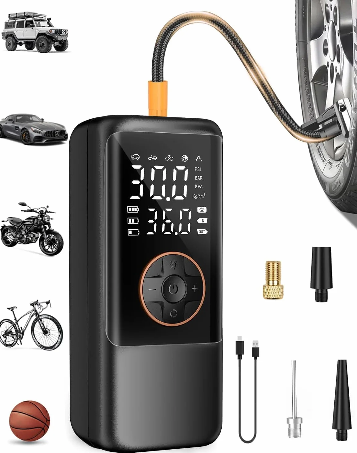 Elektryczna pompa powietrza z akumulatorem, przenośna mini sprężarka z manometrem i podwójnym wyświetlaczem LED, 12 V DC, elektryczna pompka rowerowa do samochodów, motocykli, rowerów i piłek