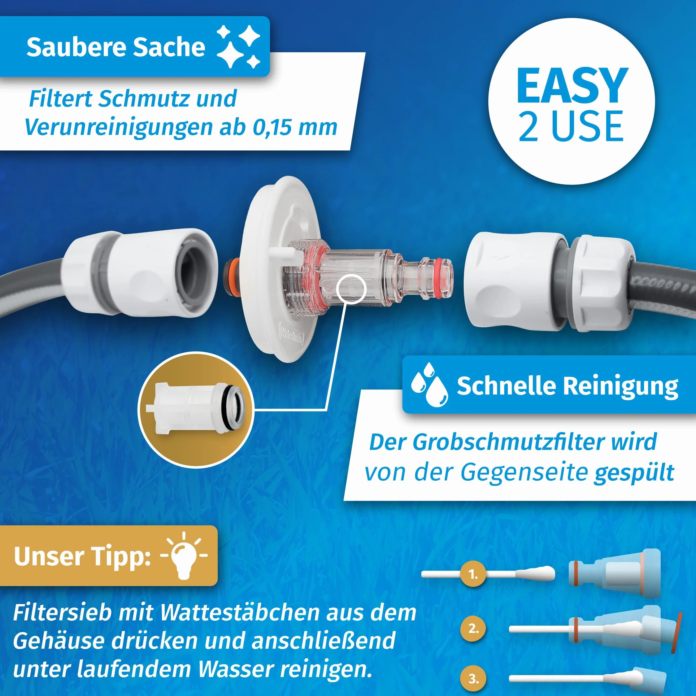 MaJoCompTec WATERTWIN Pokrywa wlewu paliwa z przyłączem wody, przyłącze do króćca wlewu wody, akcesoria do przyczep kempingowych wersja PRO + filtr + zawór adapter 3-pinowy D:78