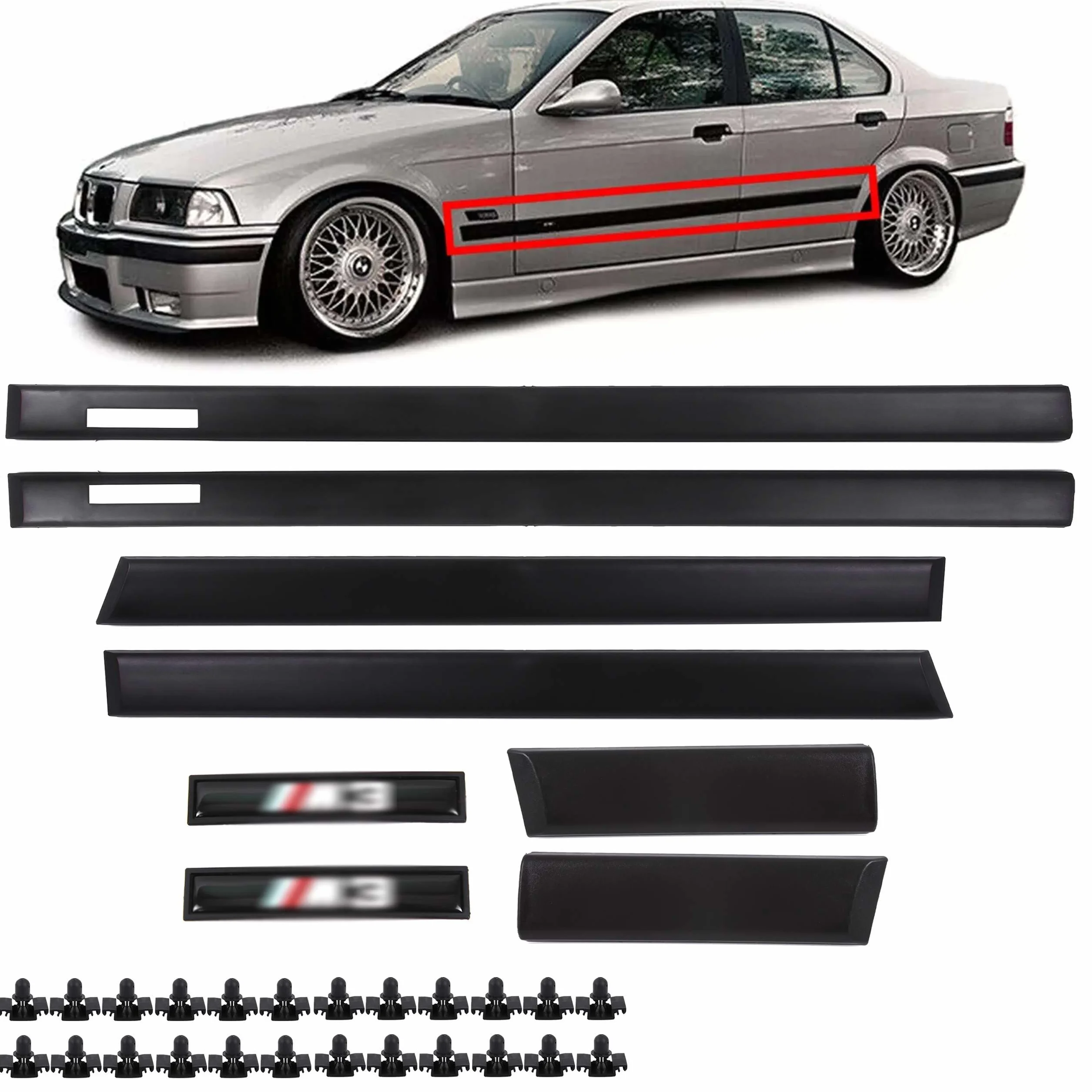 INLY 6-częściowe listwy drzwiowe, listwy boczne, listwy zderzaków, listwy ozdobne w stylu M, kompatybilne z 3 serii E36 Limousine/Touring (1990-1999)