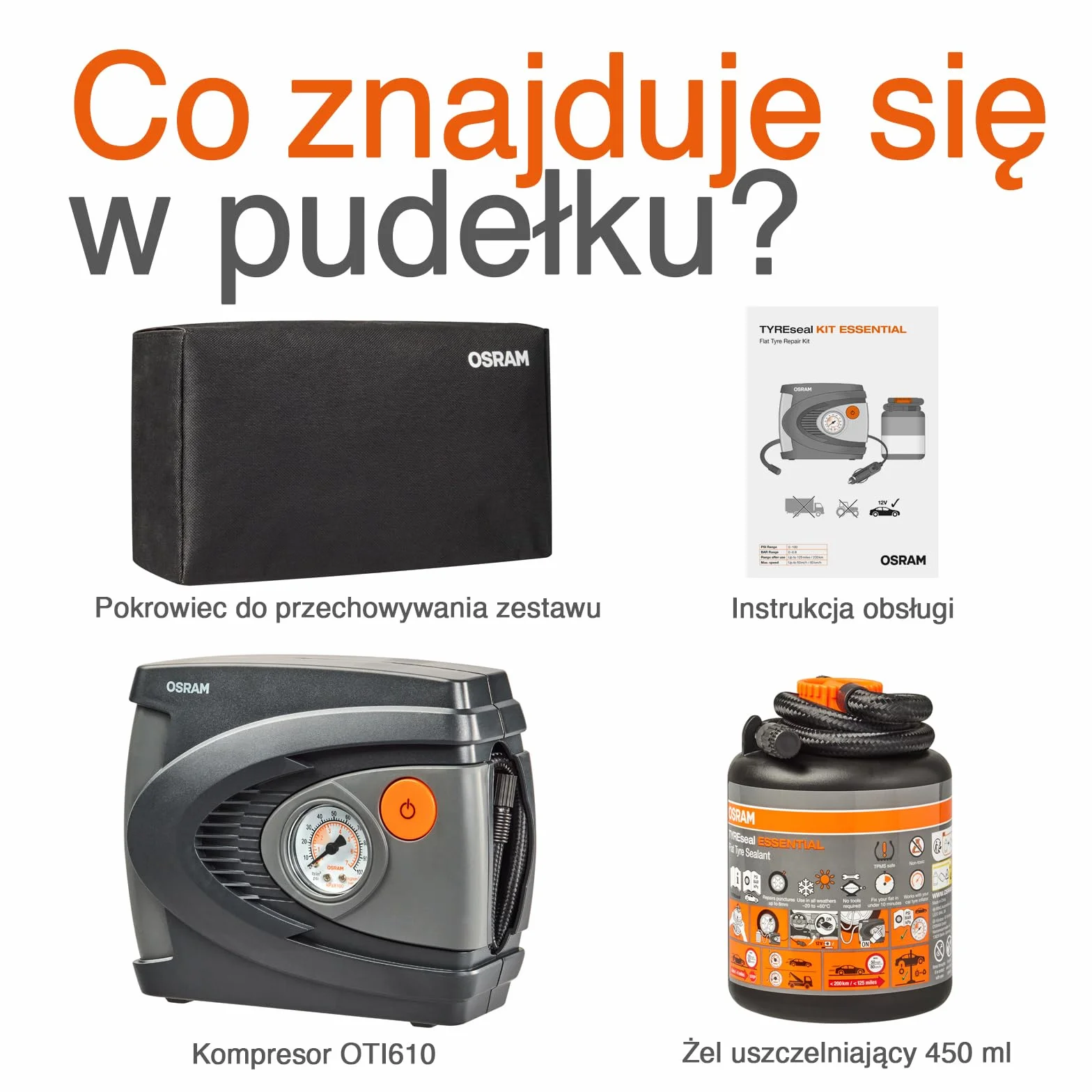 OSRAM TYREseal KIT ESSENTIAL, uszczelniacz do opon 450 ml, kompresor analogowy, TPMS Safe, zestaw