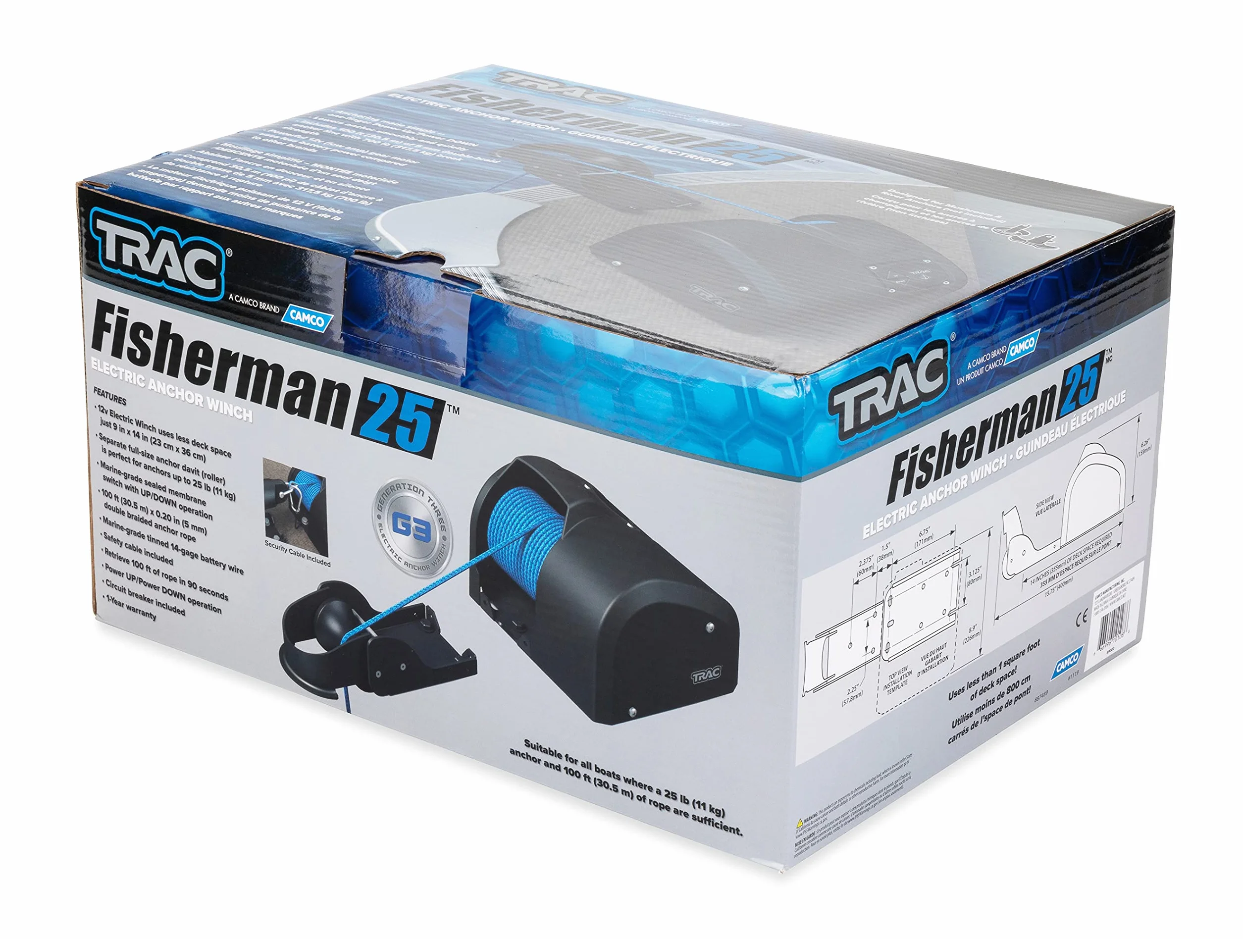 Camco TRAC-Outdoor Products Fisherman 25-G3 elektryczna wciągarka kotwiczna 11,3 kg 30 m lina kotwiąca czarna