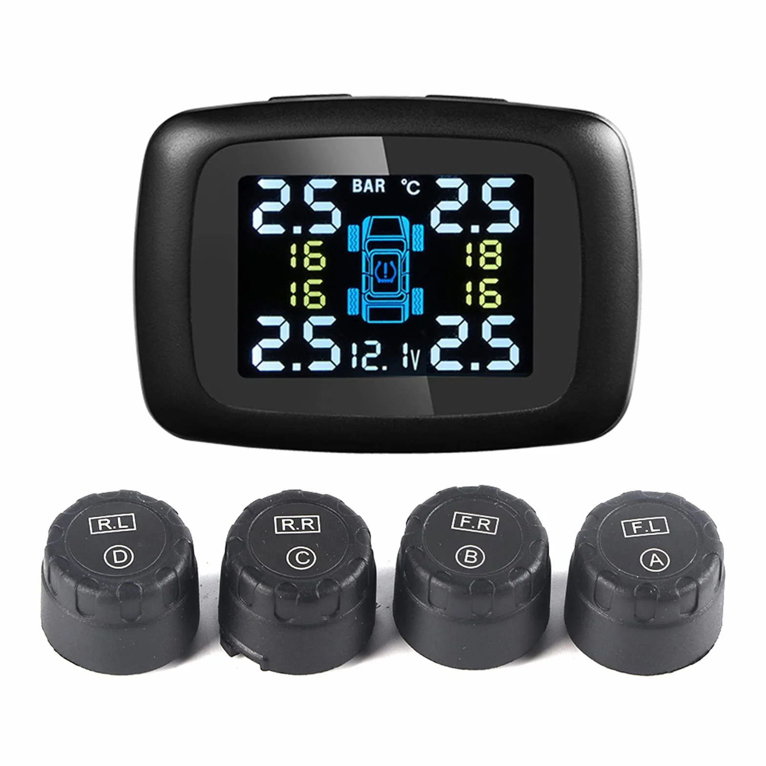 Ejoyous system TPMS do monitorowania ciśnienia w oponach, czujniki 433 MHz, system kontroli ciśnienia w oponach z 4 zewnętrznymi czujnikami, system alarmowy ciśnienia w oponach z aktualnym ciśnieniem