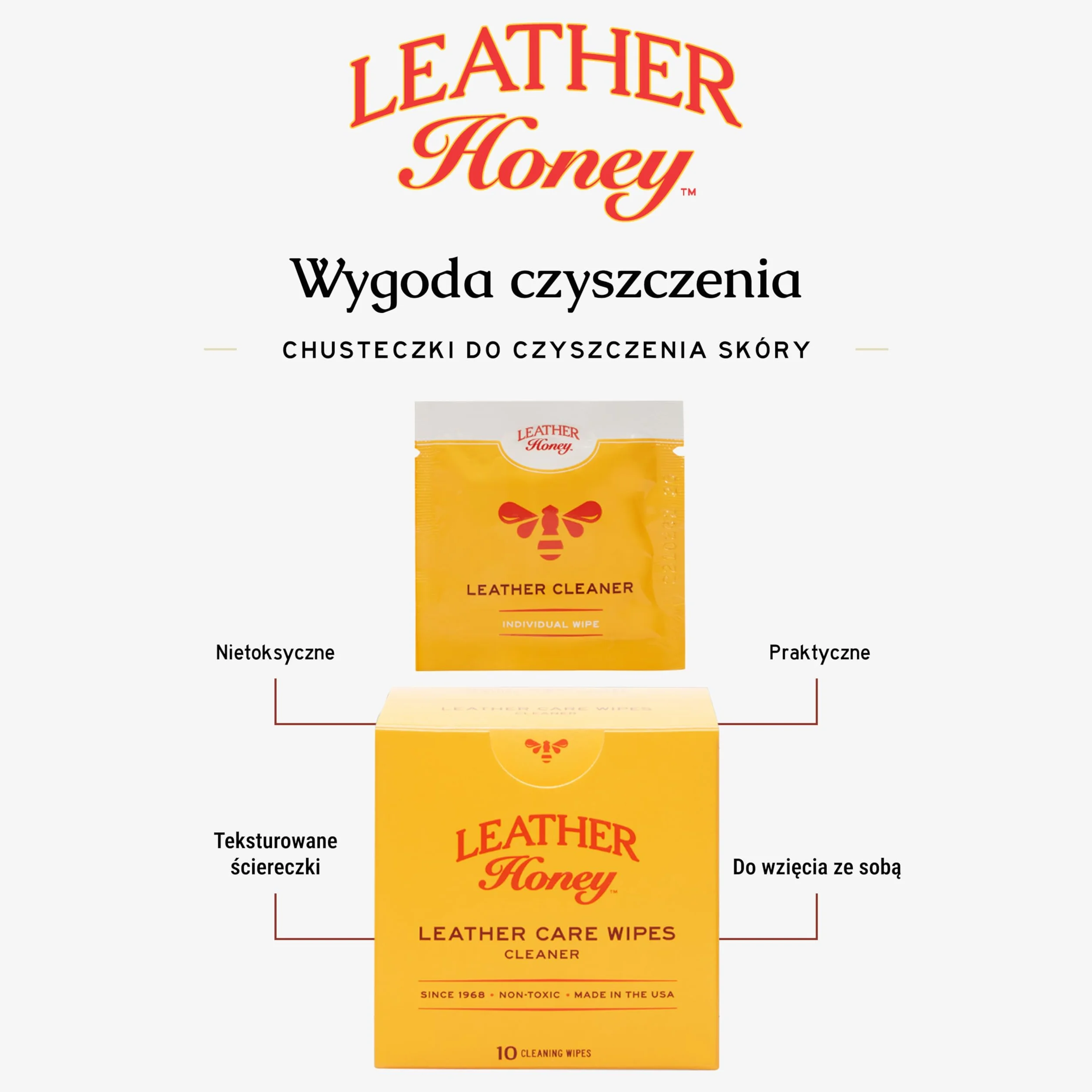 Leather Honey Leather Cleaner Wipes - Clean Leather On-The-Go - The Best Cleaner for Vinyl and Apparel, Furniture, Auto Interior, Shoes and Accessories - 10 Ready-to-Use Wipes