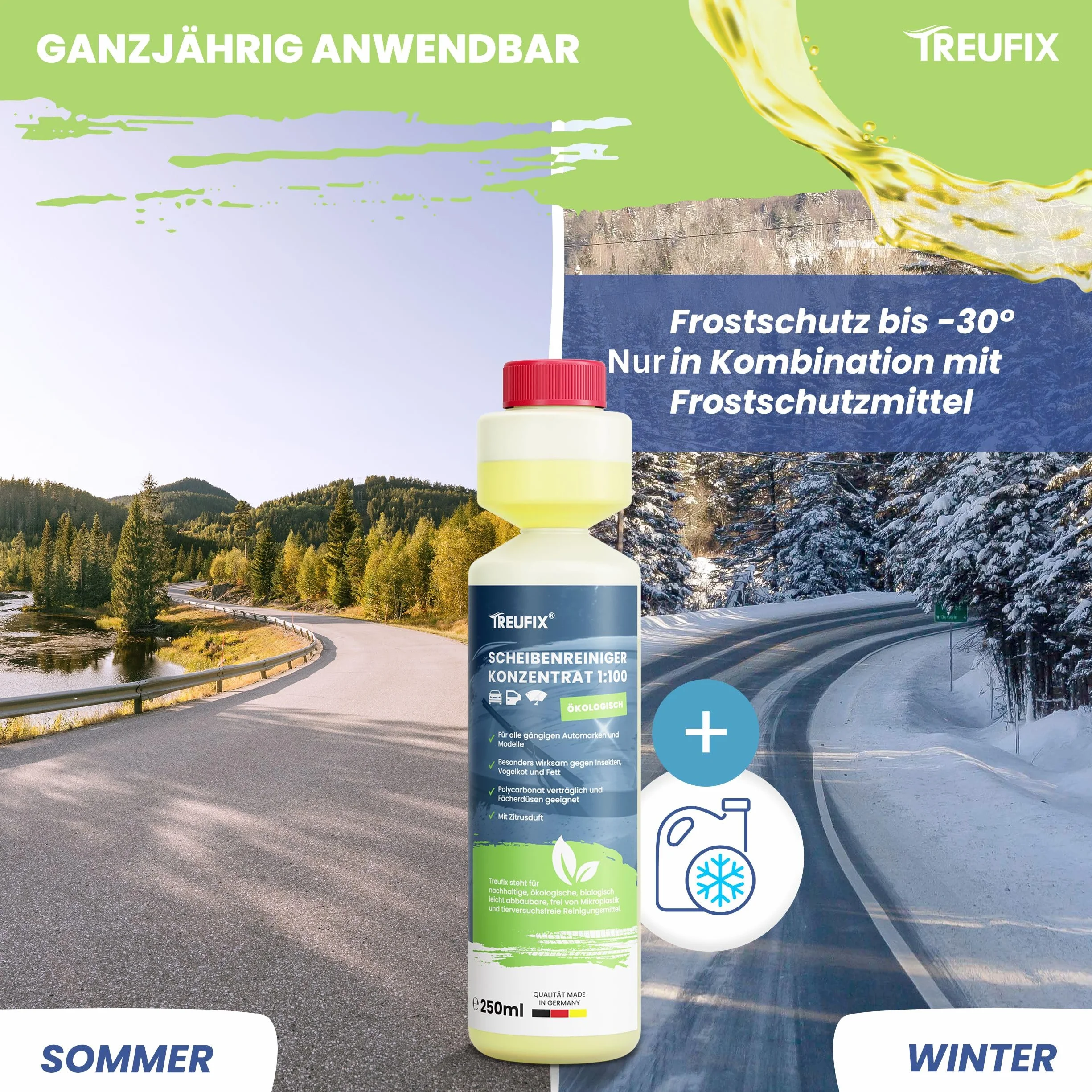 Treufix Koncentrat płynu do spryskiwaczy 250ml Premium środek do czyszczenia szyb samochodowych do wszystkich systemów spryskiwaczy szyb i systemów czyszczenia reflektorów dla maksymalnej widoczności