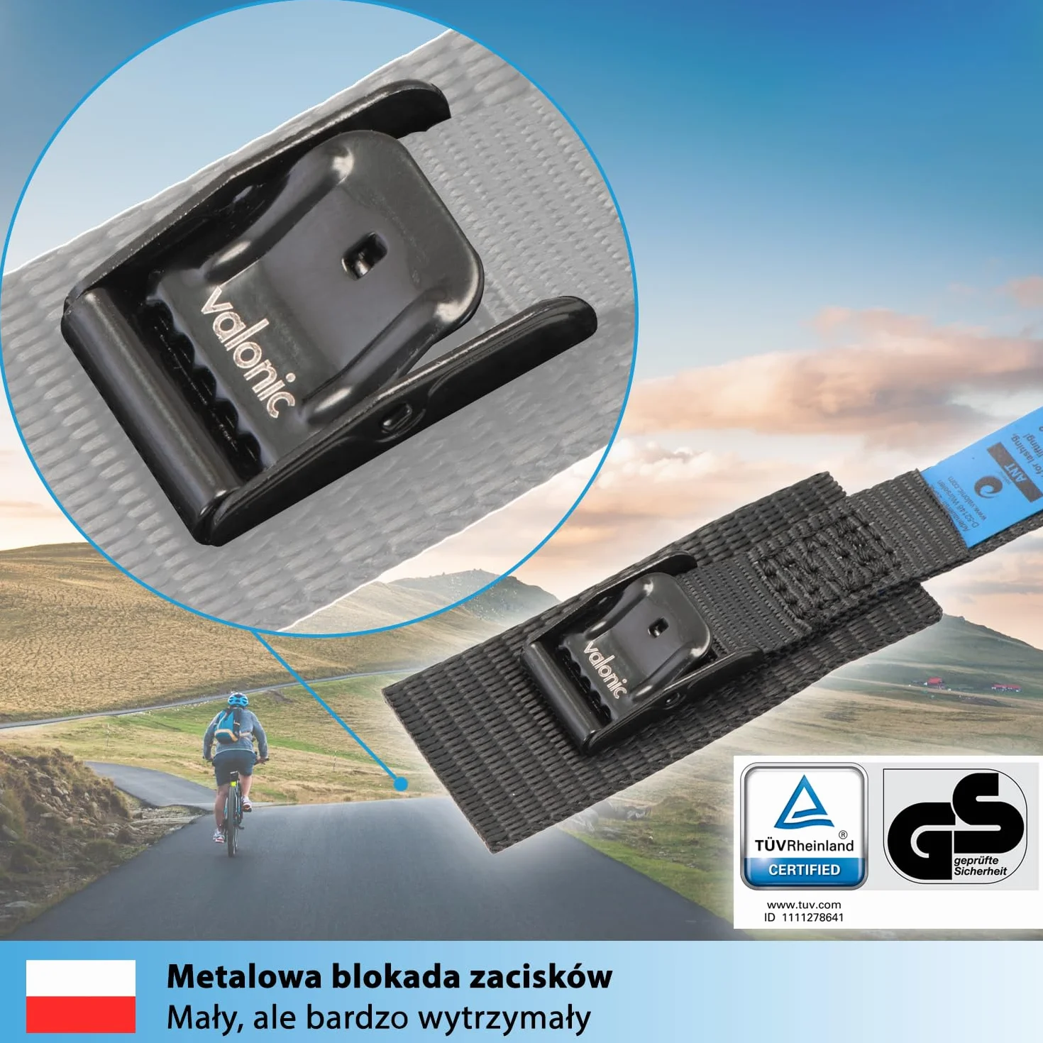valonic ANT - 4x 35cm krótkie pasy mocujące, z podkładką, 80Kg, 19mm, certyfikat TÜV Rheinl. / GS, EN-12195-2 - do bagażnika rowerowego, pas mocujący z zamkiem zaciskowym, czarny - box dachowy, rower