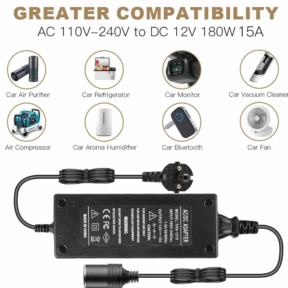 Adapter sieciowy do samochodu, 15 A, 180 W, przetwornica napięcia AC na DC 240 V na 12 V, regulator napięcia, adapter do odkurzacza, zapalniczki, wentylatora, nawilżacza powietrza, innych