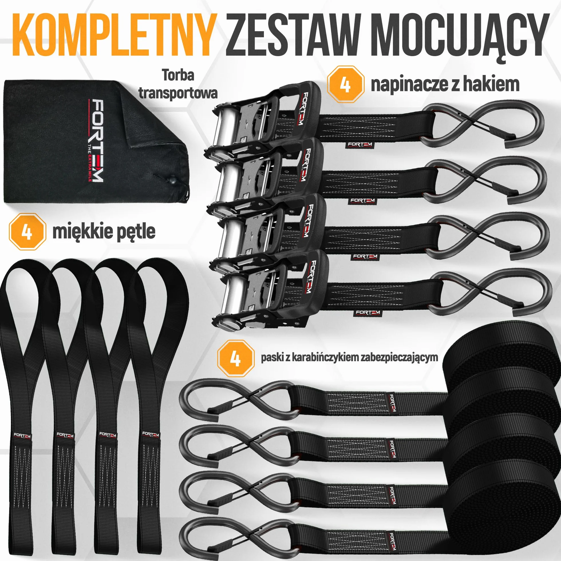 FORTEM Pas Transportowy, Pas Mocujący 2362 kg, Pas Transportowy z Napinaczem 304.8 cm, Pas Zabezpieczający Zestaw 4, Pas Transportowy z Klamrą, Gumowe Uchwyty, Powlekane Metalowe Haki, Futerał