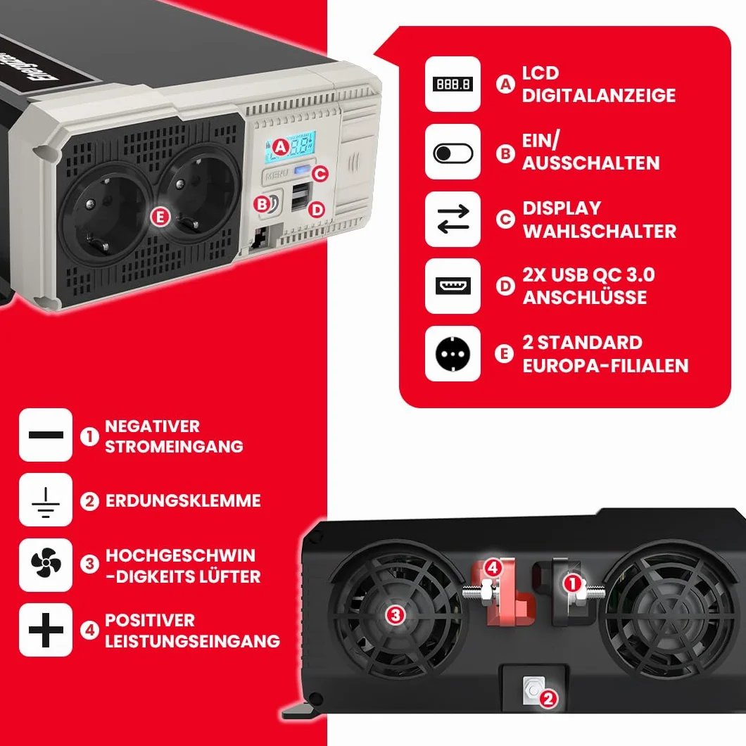 Energizer 1100 Watt Inverter 12V - 230V Pure Sine Wave Inverter samochodowy z dwoma gniazdami AC, 2 portami USB i kablami akumulatorowymi, konwerterem DC na AC z zestawem instalacyjnym