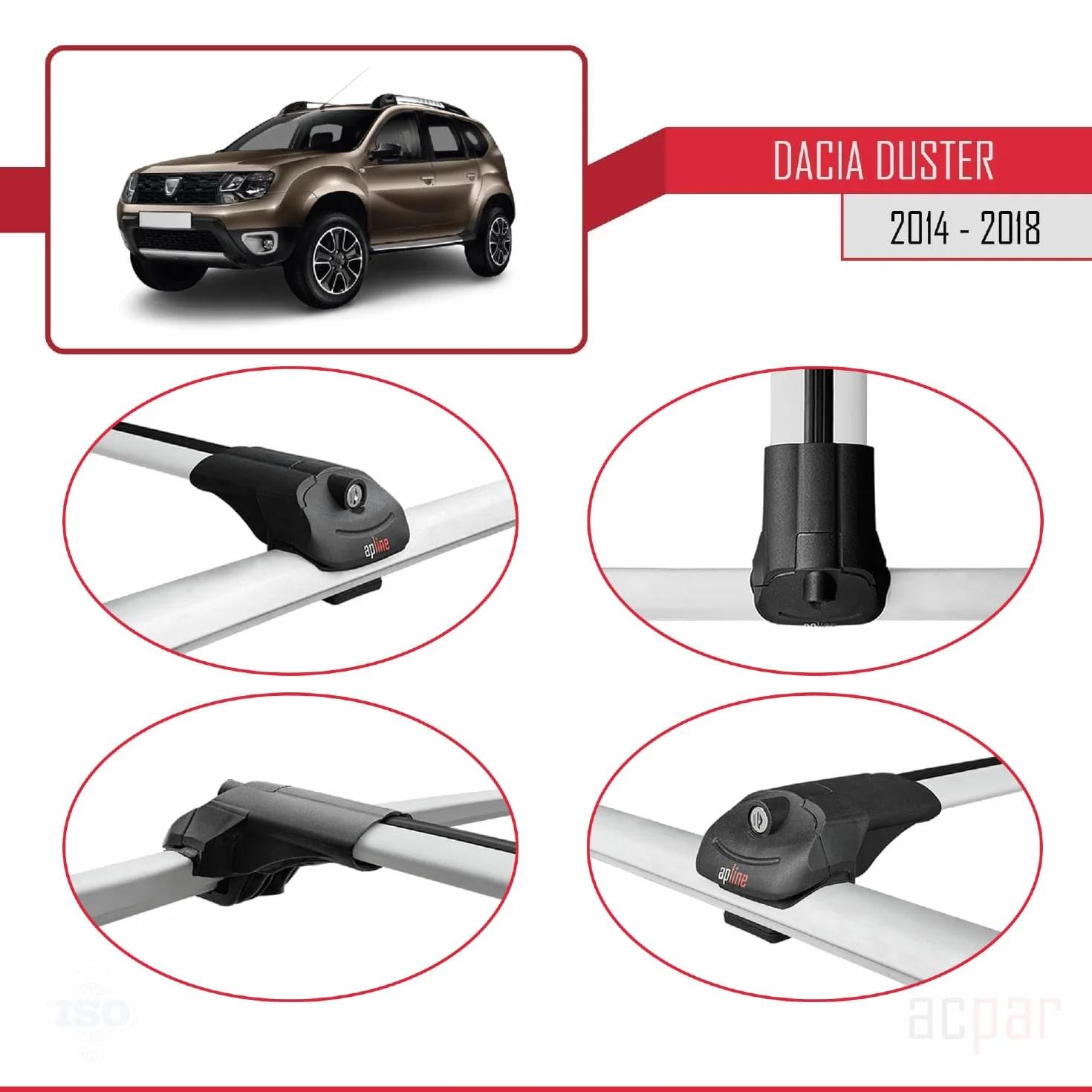 ACE-1 Aluminiowe poprzeczki dachowe do Dacia Duster Post-Facelift 2014-2017 Szary 2 szt.