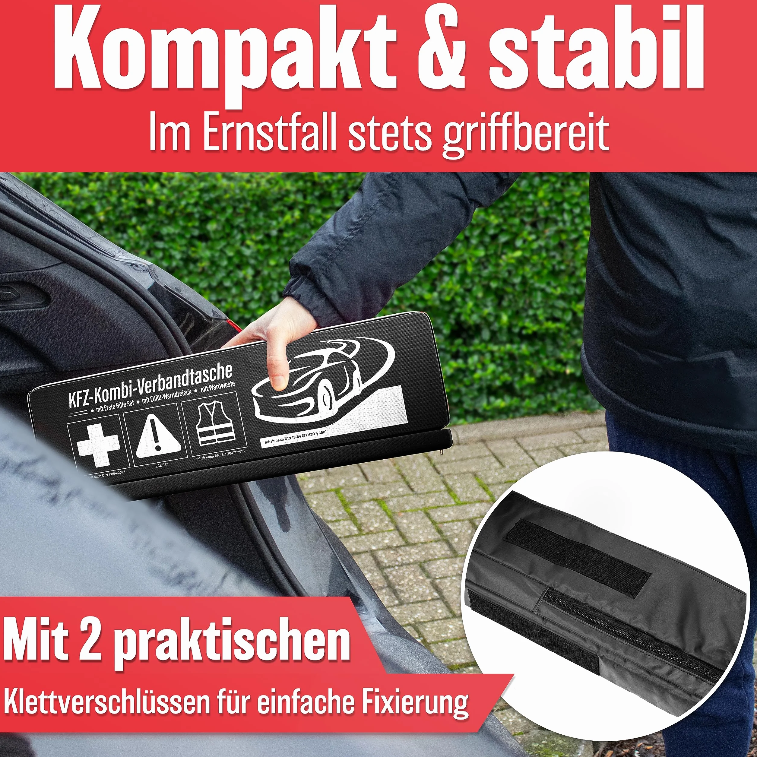 HELDENWERK Zestaw pierwszej pomocy 3 w 1 do samochodu, torba z kamizelką ostrzegawczą, trójkątem i apteczką