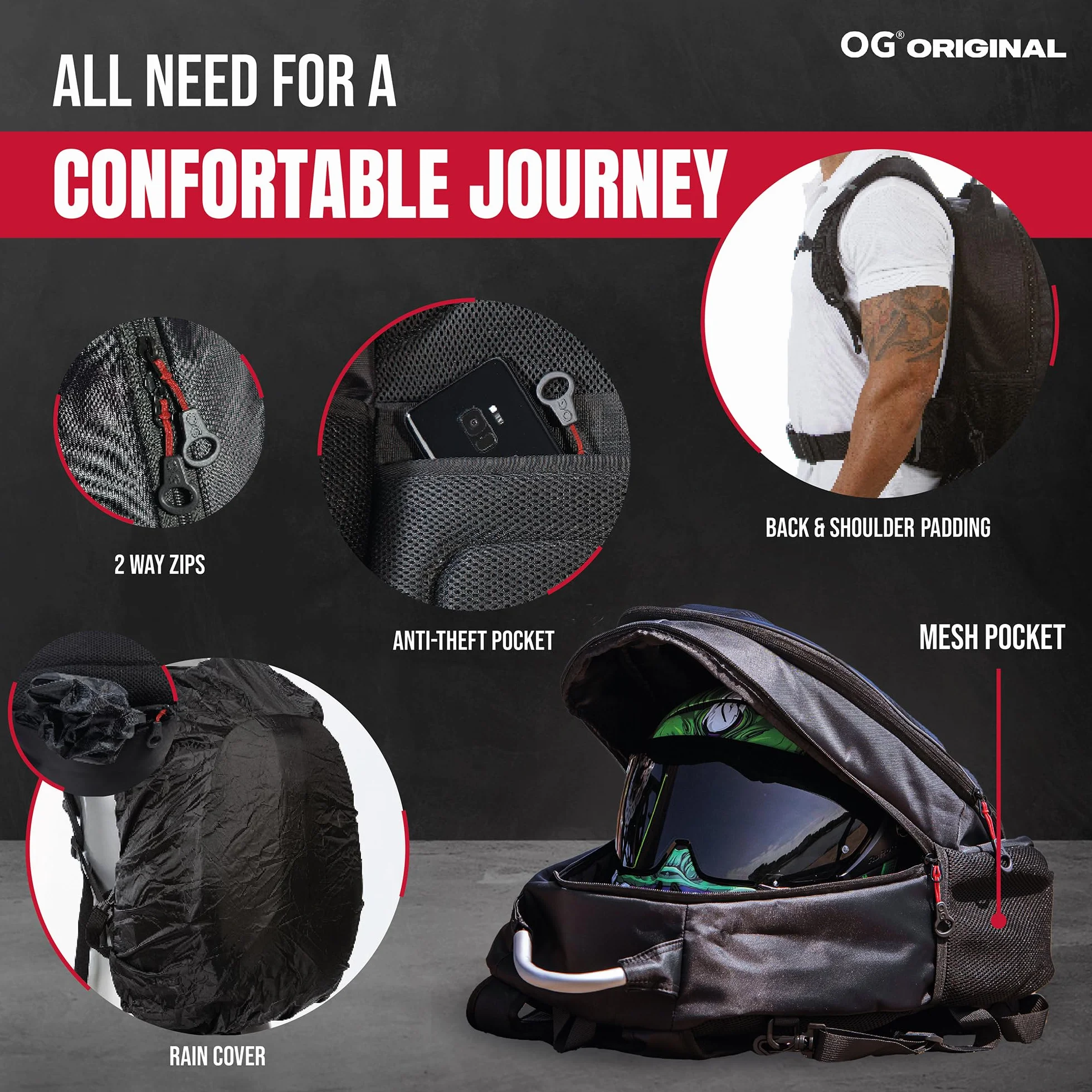 OG Original GetAway plecak motocyklowy wodoodporny twarda powłoka 35-45 L antykradzieżowy odblaskowy USB