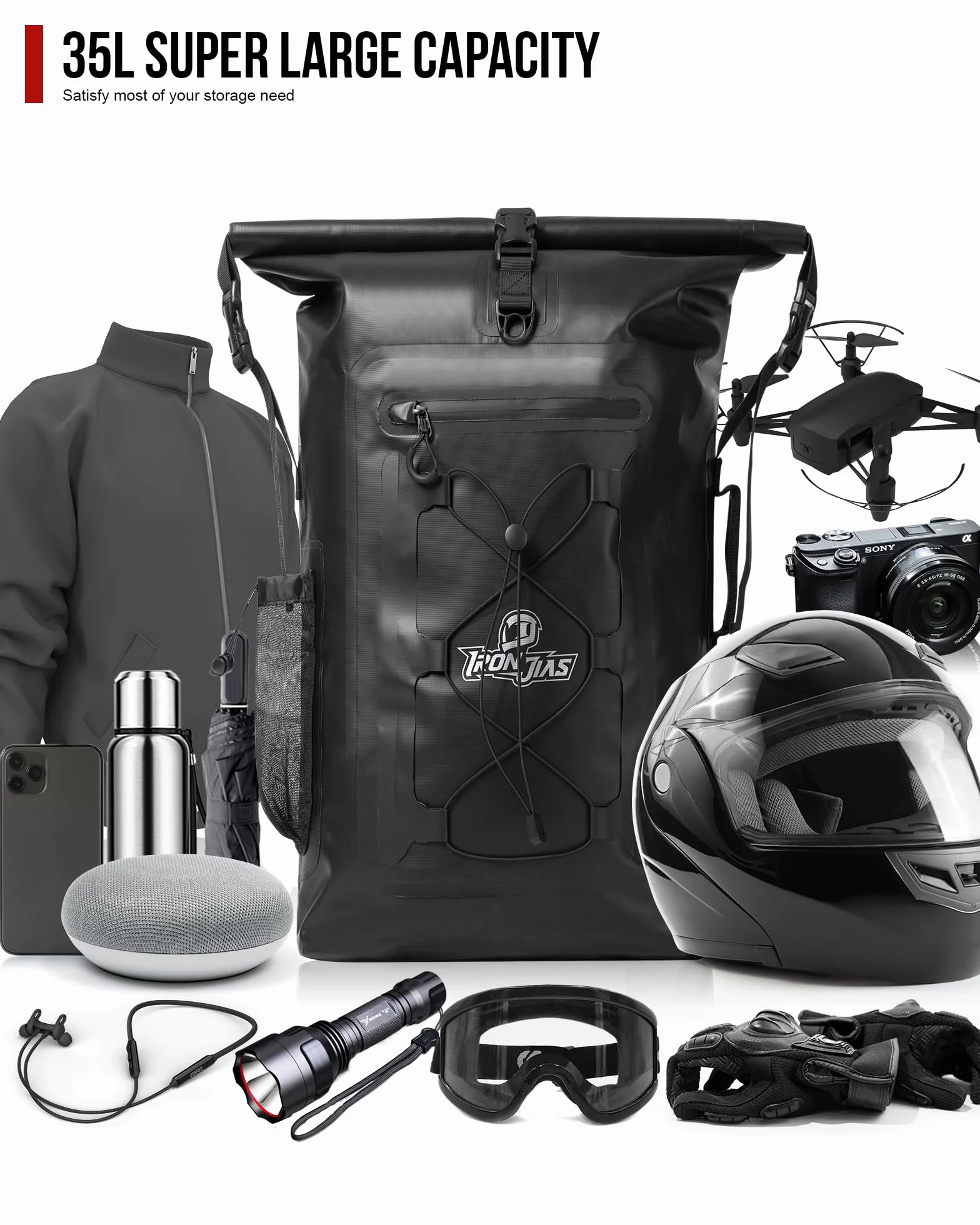 Wodoszczelny plecak motocyklowy, pojemność 40 l, z odpinanymi szelkami, PCW, 500D, czarny, z kieszenią boczną, ochrona przed deszczem, śniegiem i błotem
