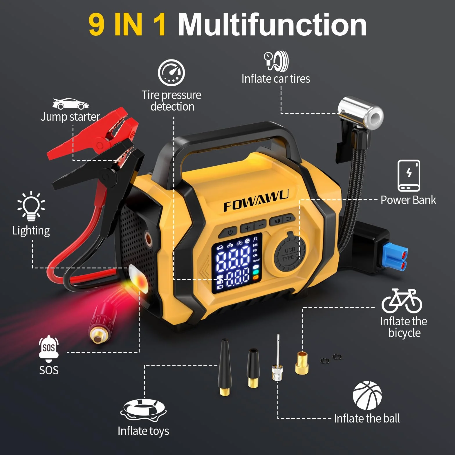 The FOWAWU 8000 A Powerbank combines the functions of an air compressor and a car jump starter, capable of reaching pressures of up to 150 PSI