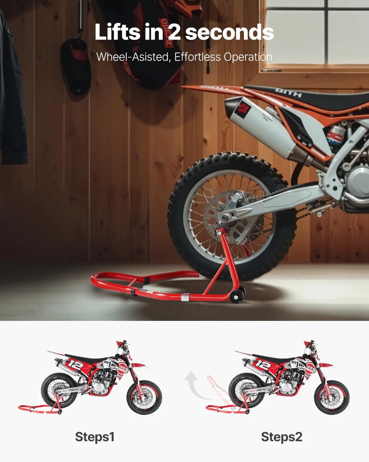 VEVOR Stojak na tylne koło motocykła, nośność 385 kg, wytrzymały stojak ze szpulą widelca U + L, regulowany podnośnik motocyklowy do Suzuki, Yamaha, Honda, Kawasaki, czerwony