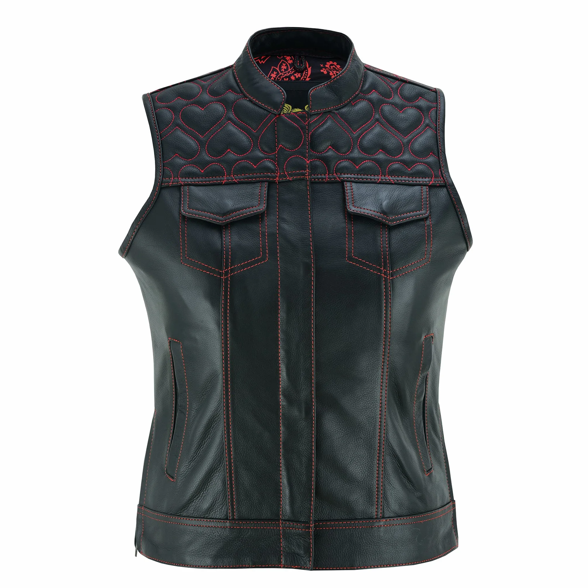 Leatherick Damska skórzana kamizelka motocyklowa czarna satynowa podszewka Paisley