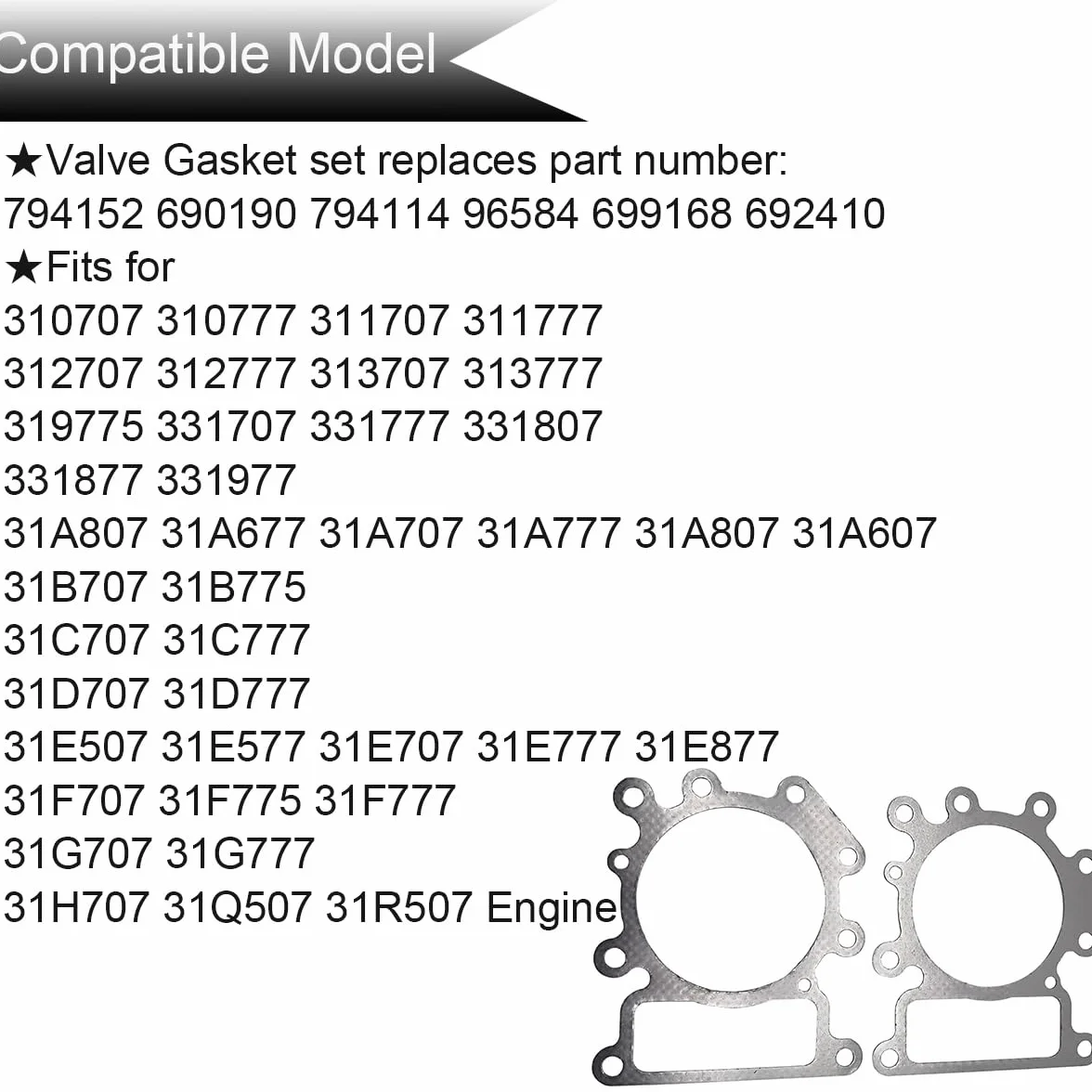 ZAMDOE Zestaw uszczelek zaworu kompatybilny z Briggs Stratton 794152 690190 794114 796584 699168 692410 310707 310777 311707 31A807 31E877 31Q5077 31R507 silnik, uszczelka głowicy, uszczelka pokrywy