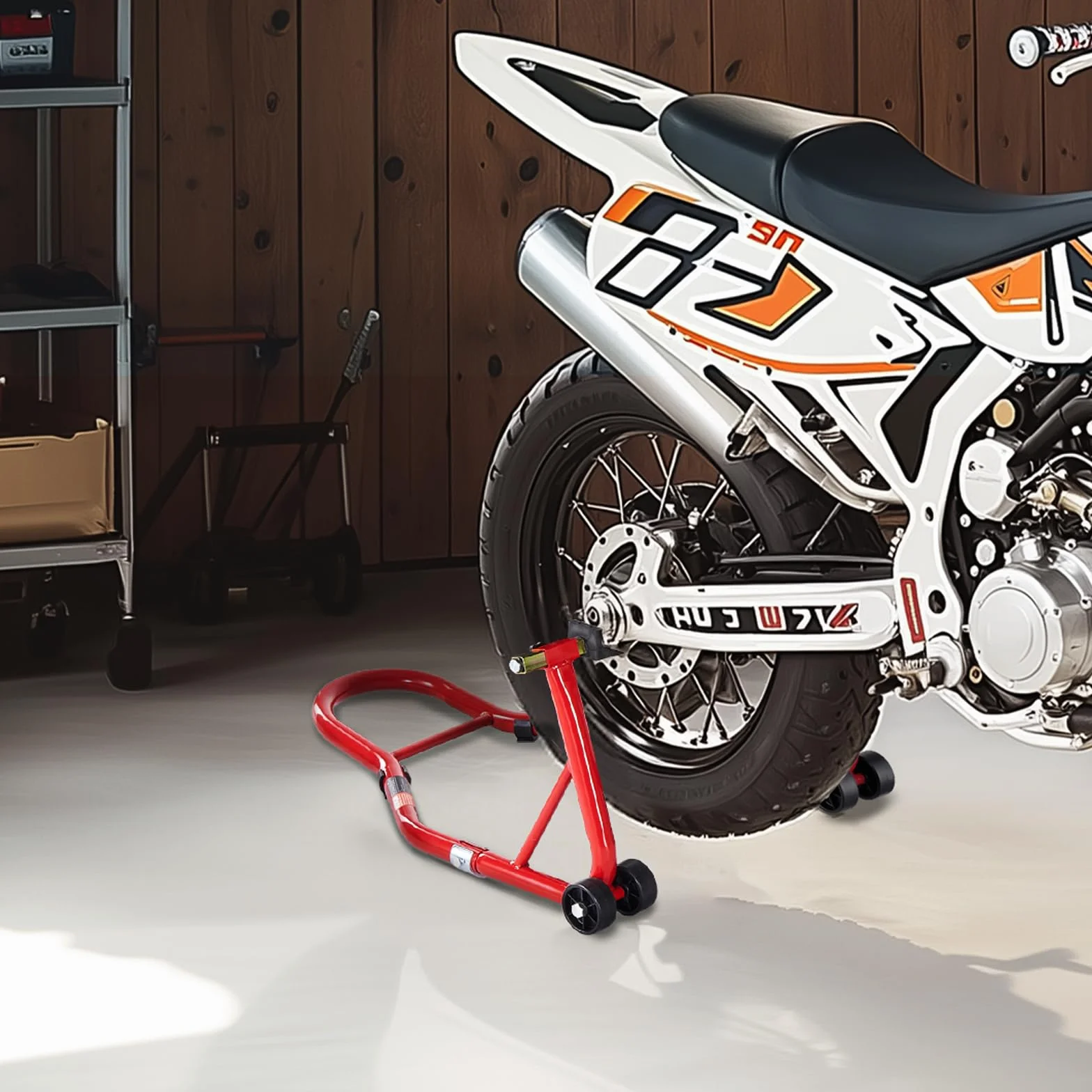 VEVOR Stojak na tylne koło motocykła, nośność 385 kg, wytrzymały stojak ze szpulą widelca U + L, regulowany podnośnik motocyklowy do Suzuki, Yamaha, Honda, Kawasaki, czerwony