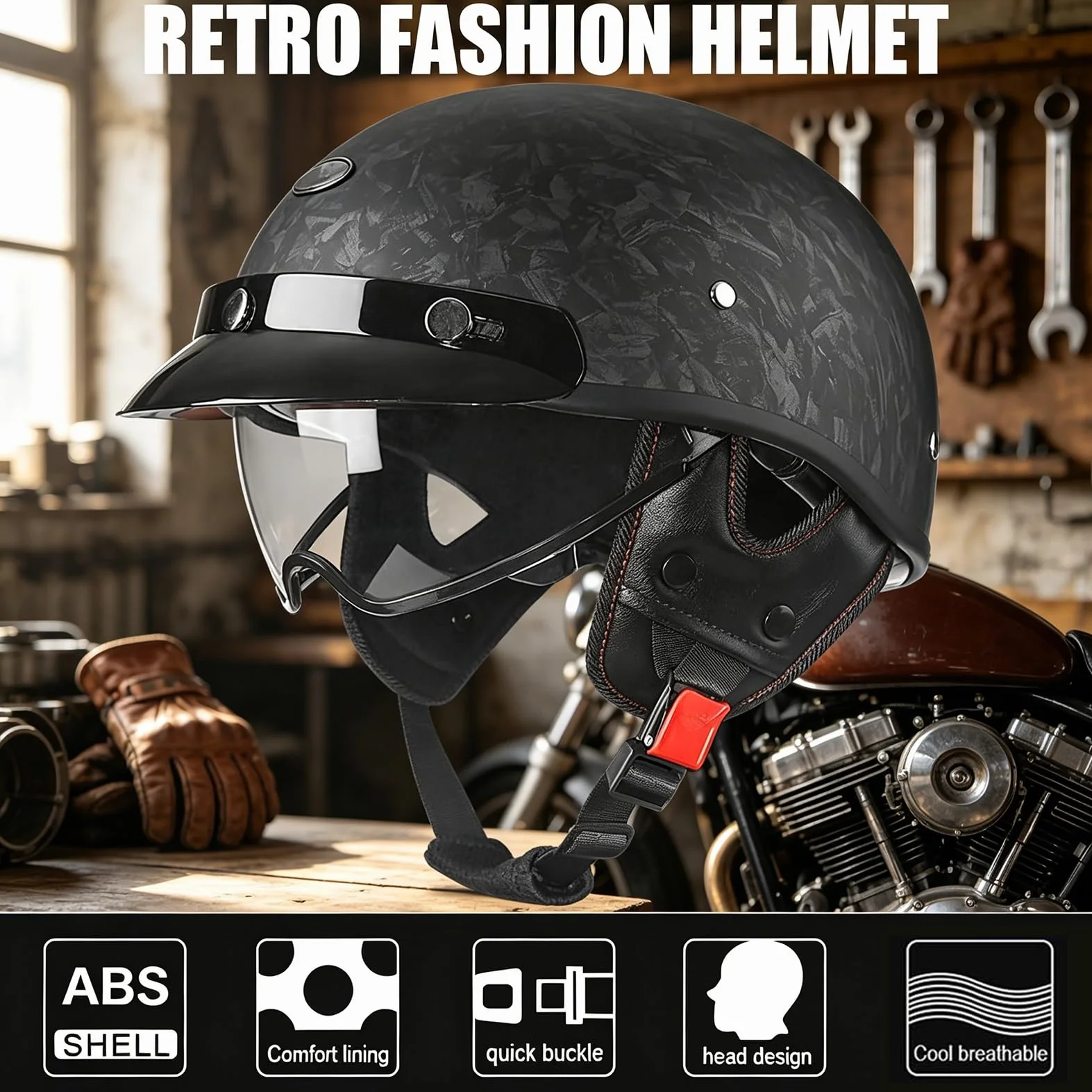 Kask Motocyklowy Jet z Homologacją ECE R22.06, Retro Orzeszek Vintage z Wbudowaną Blendą Przeciwsłoneczną dla Kobiet i Mężczyzn, DOT Legalny na Drogi dla Skutera, Maska w Zestawie