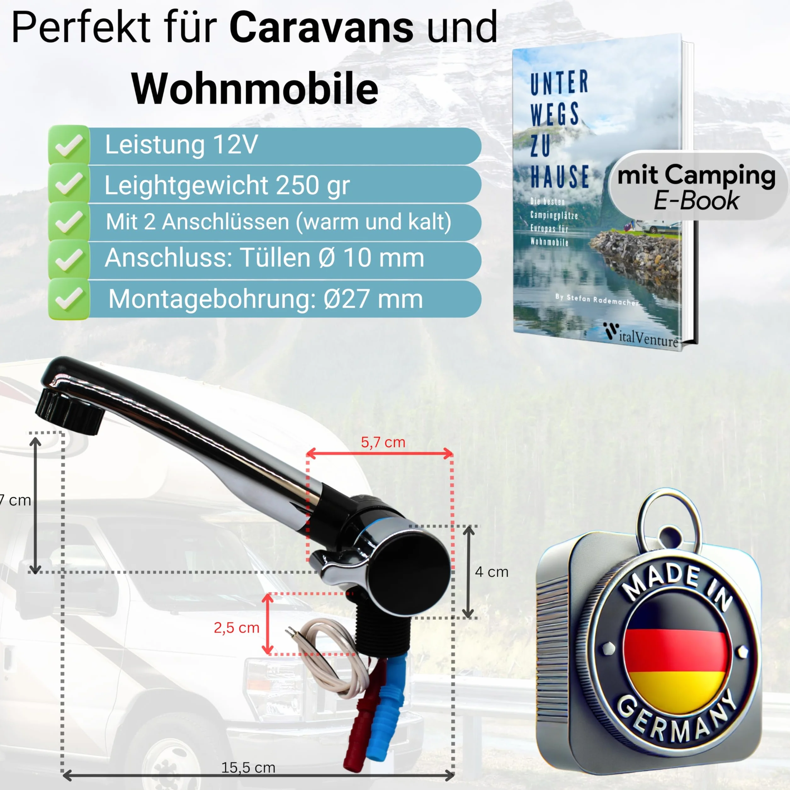 Comet London kran kempingowy 12 V do kamper, z 2 przyłączami (ciepła i zimna), czarny/chrom, kompaktowa bateria kempingowa z pompką, idealna do umywalki