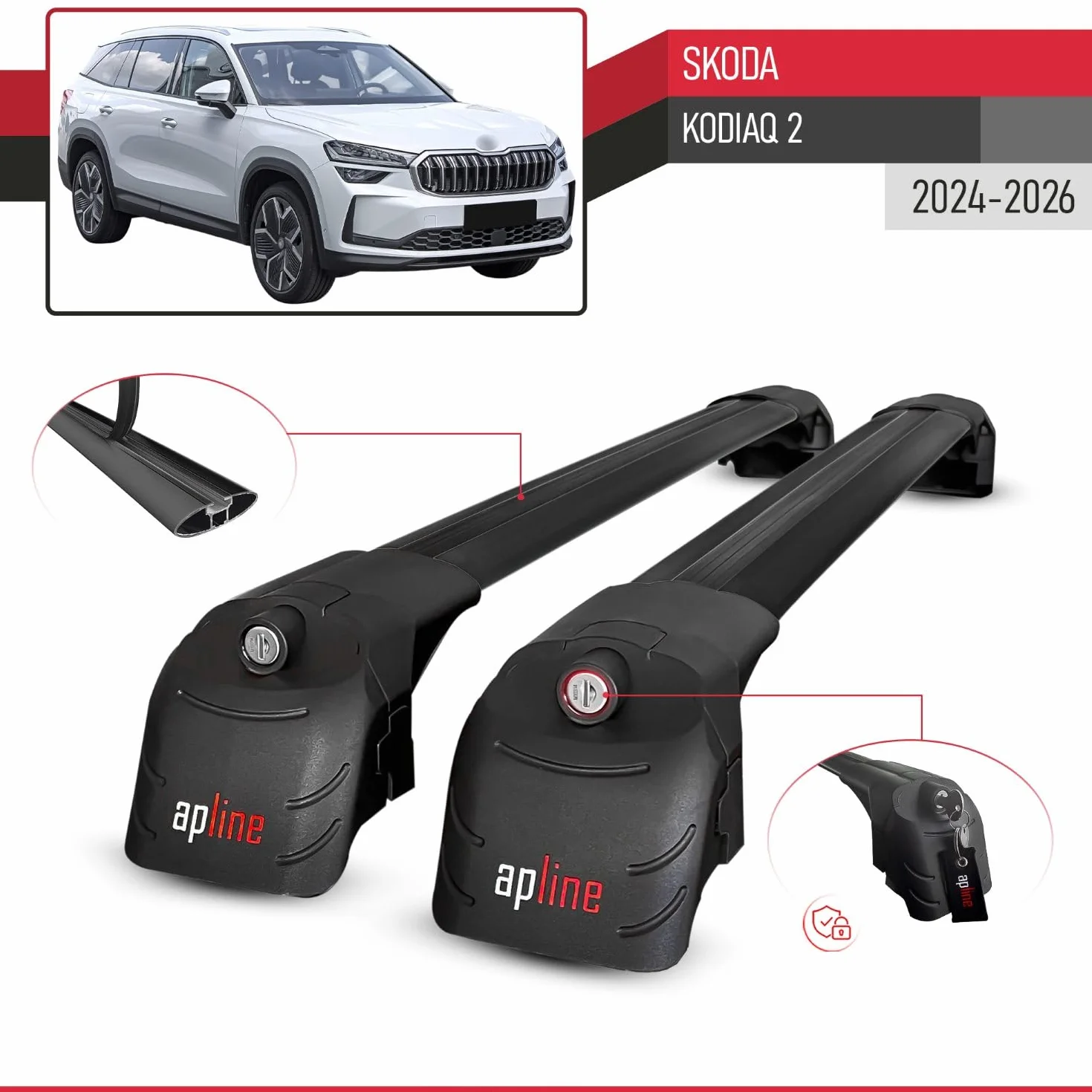 Aluminiowy bagażnik dachowy do Skoda Kodiaq 2 2024-2026, 2 poprzeczki, czarny