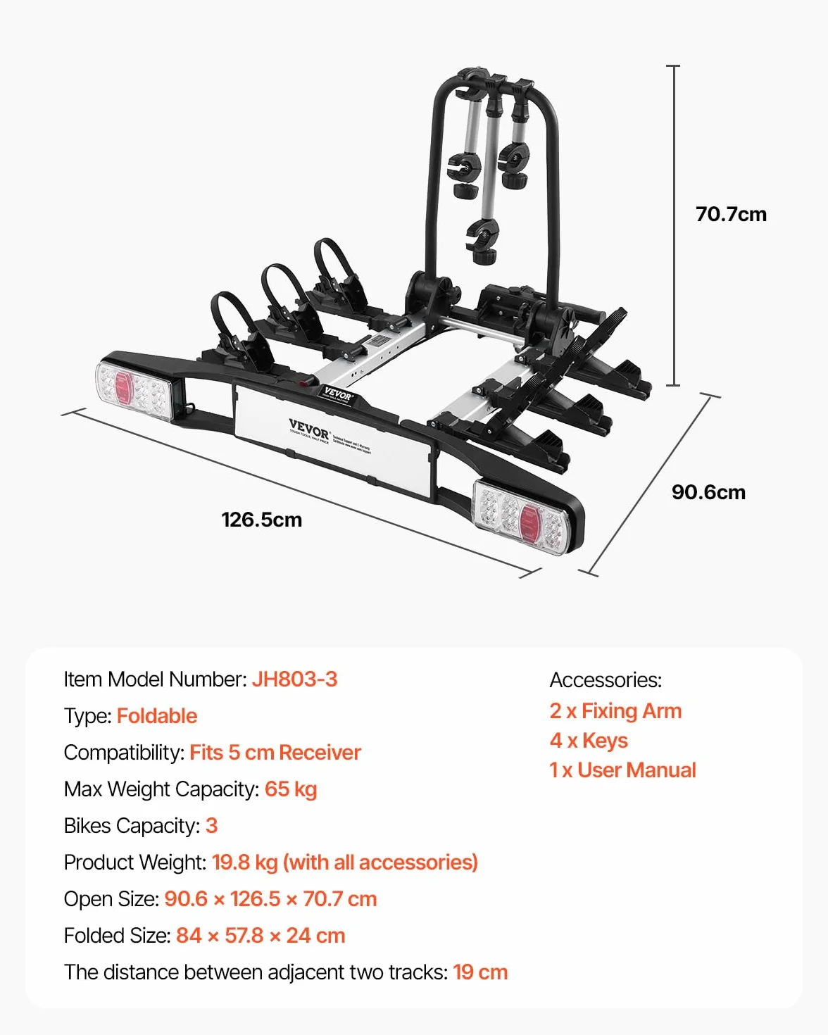 VEVOR Składany bagażnik rowerowy 5 cm 3 rowery 65 kg z tylnym światłem