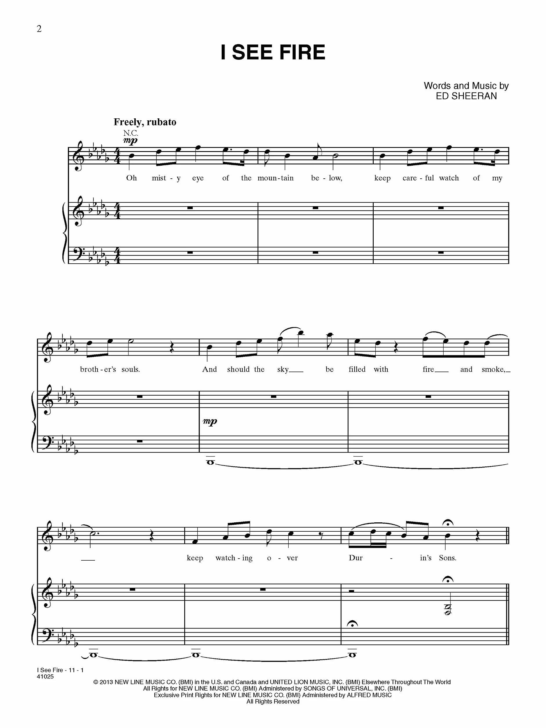 I See Fire (from the Hobbit -- The Desolation of Smaug): Piano/Vocal/Guitar, Sheet