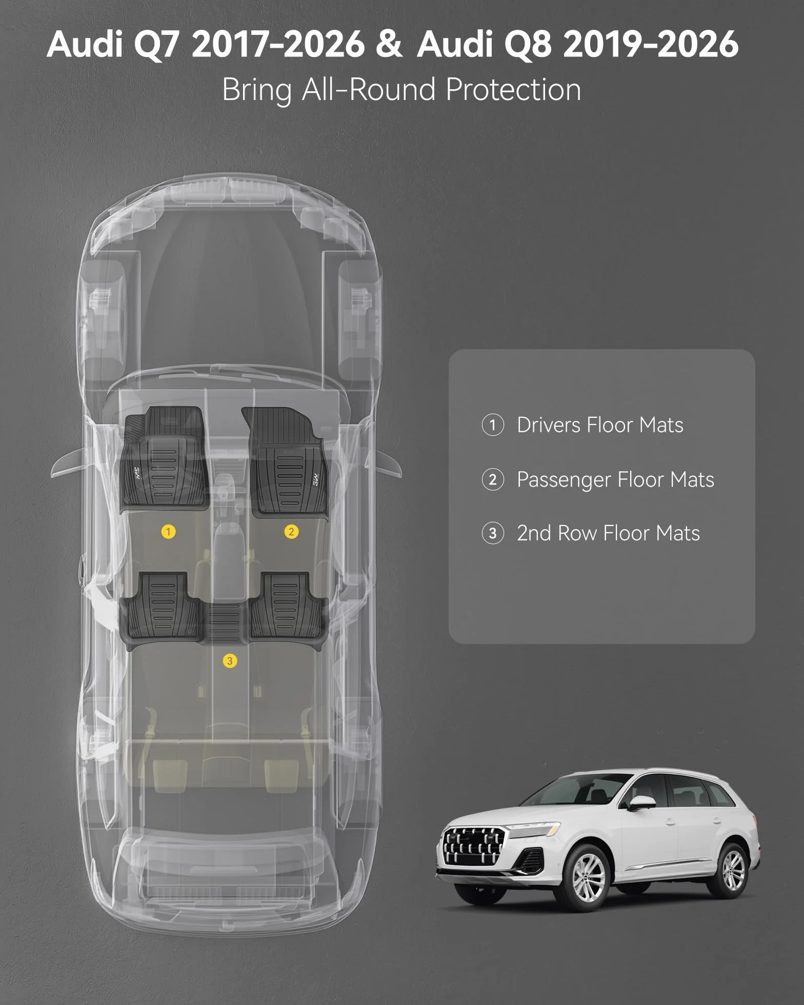 3W Dywaniki Samochodowe dla AUDI Q7 4M 2016-2025/Q8 2019-2025, Dywany z TPE Samochodu Antypoślizgowe i Wodoodporne, Dywaniki Podłogowe dla AUDI Premium