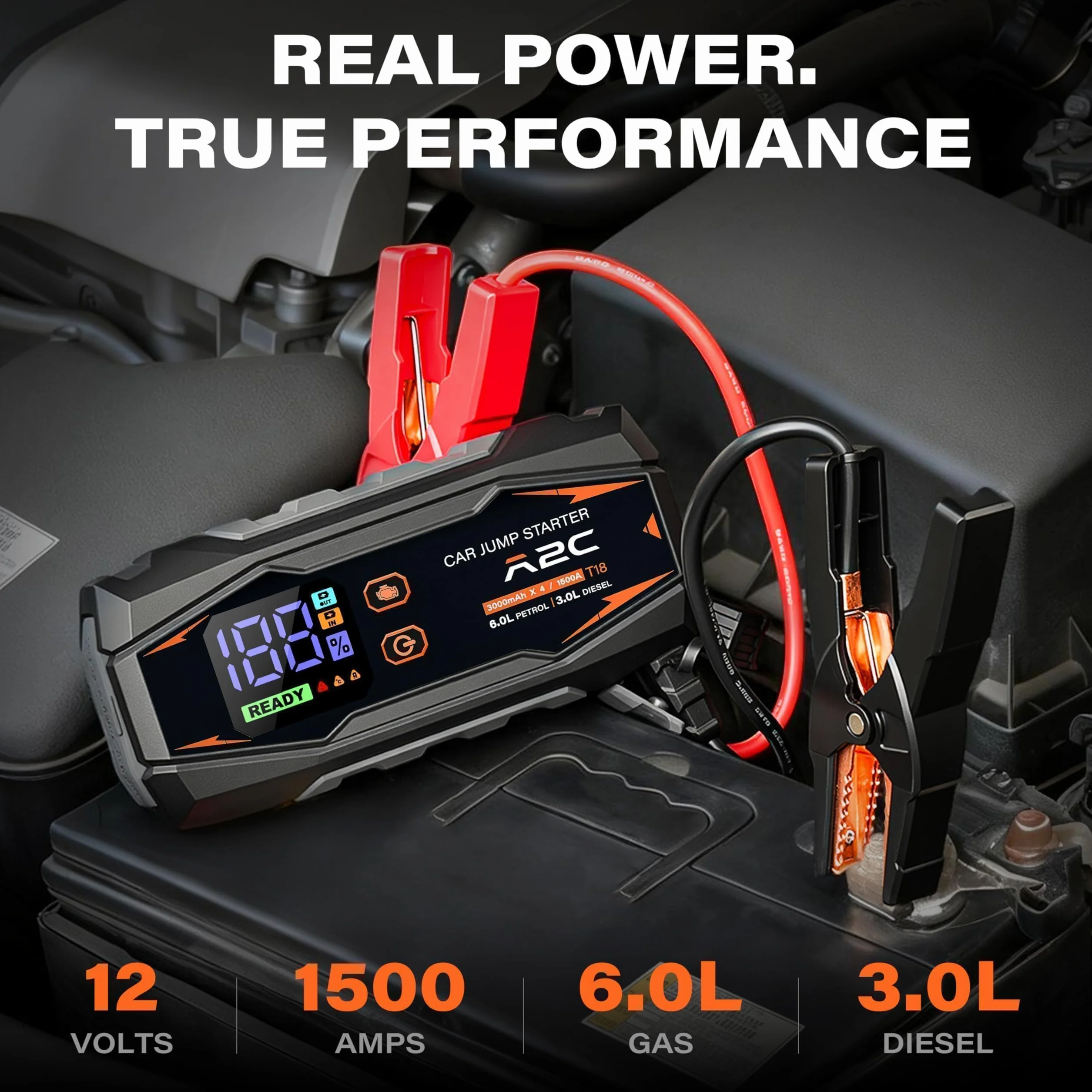 A2C 1500A Jump Starter, 12V (do 6 l lub olej napędowy 3L), Power Bank 12000mAh (PD/QC 3.0) z 3 portami USB C, rozrusznik samochodowy z przewodami rozruchowymi, wyświetlaczem LED i światłem