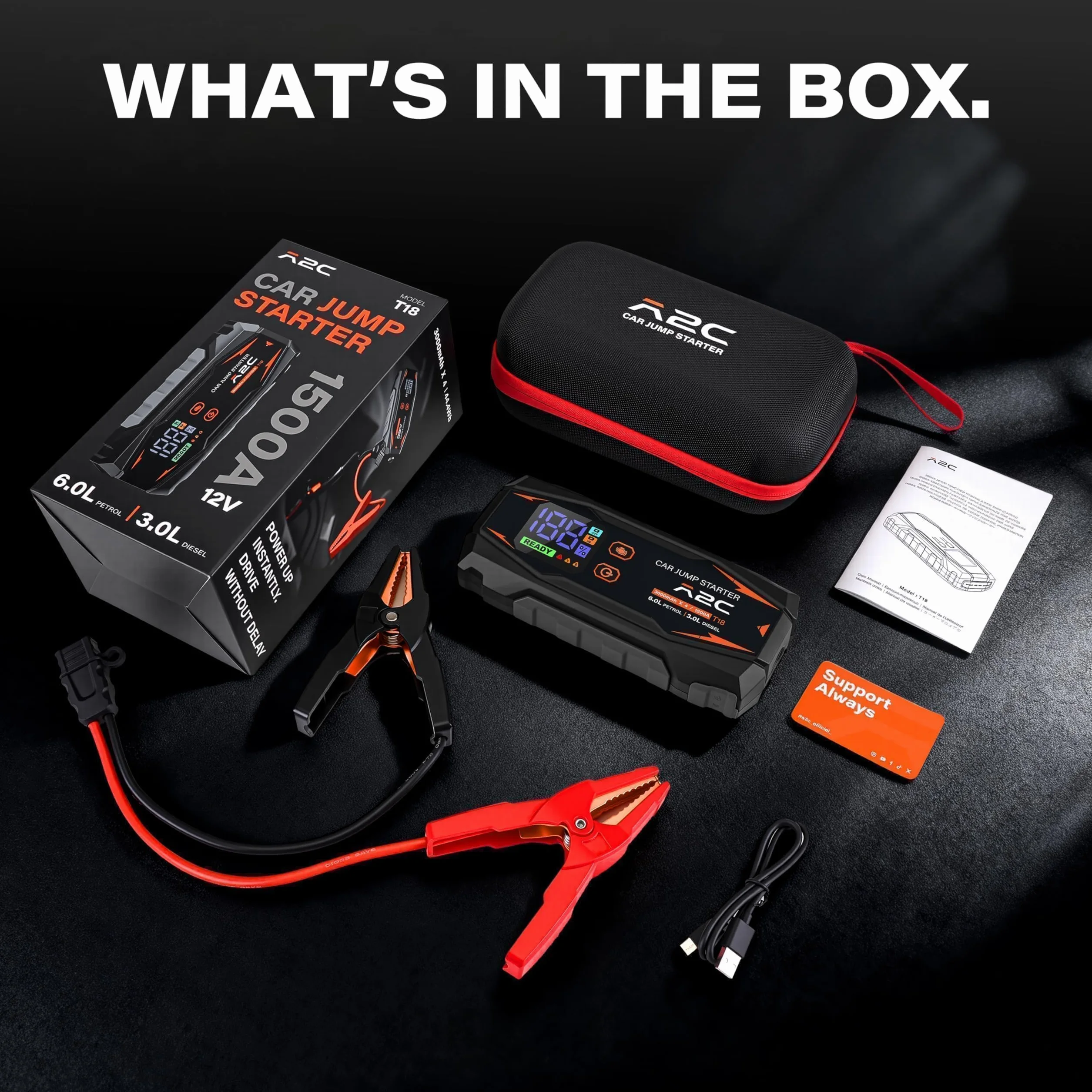 A2C 1500A Jump Starter, 12V (do 6 l lub olej napędowy 3L), Power Bank 12000mAh (PD/QC 3.0) z 3 portami USB C, rozrusznik samochodowy z przewodami rozruchowymi, wyświetlaczem LED i światłem