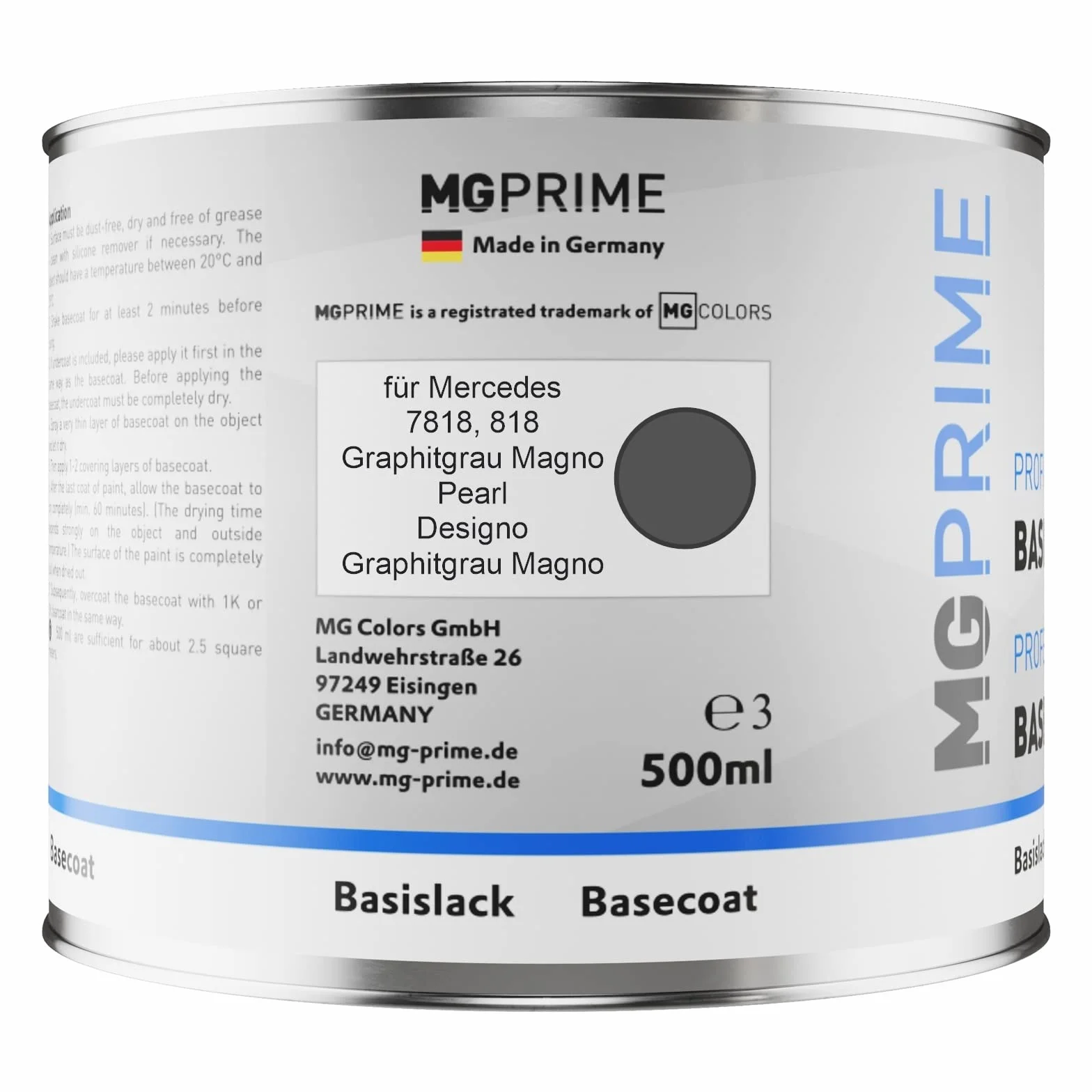 MG PRIME Lakier samochodowy Zestaw puszka gotowa do natrysku dla Mercedes 7818/818 Graphitgrau Magno Pearl/Manufaktur Graphite Grey Magno lakier bazowy + lakier bezbarwny 2K 1,25L