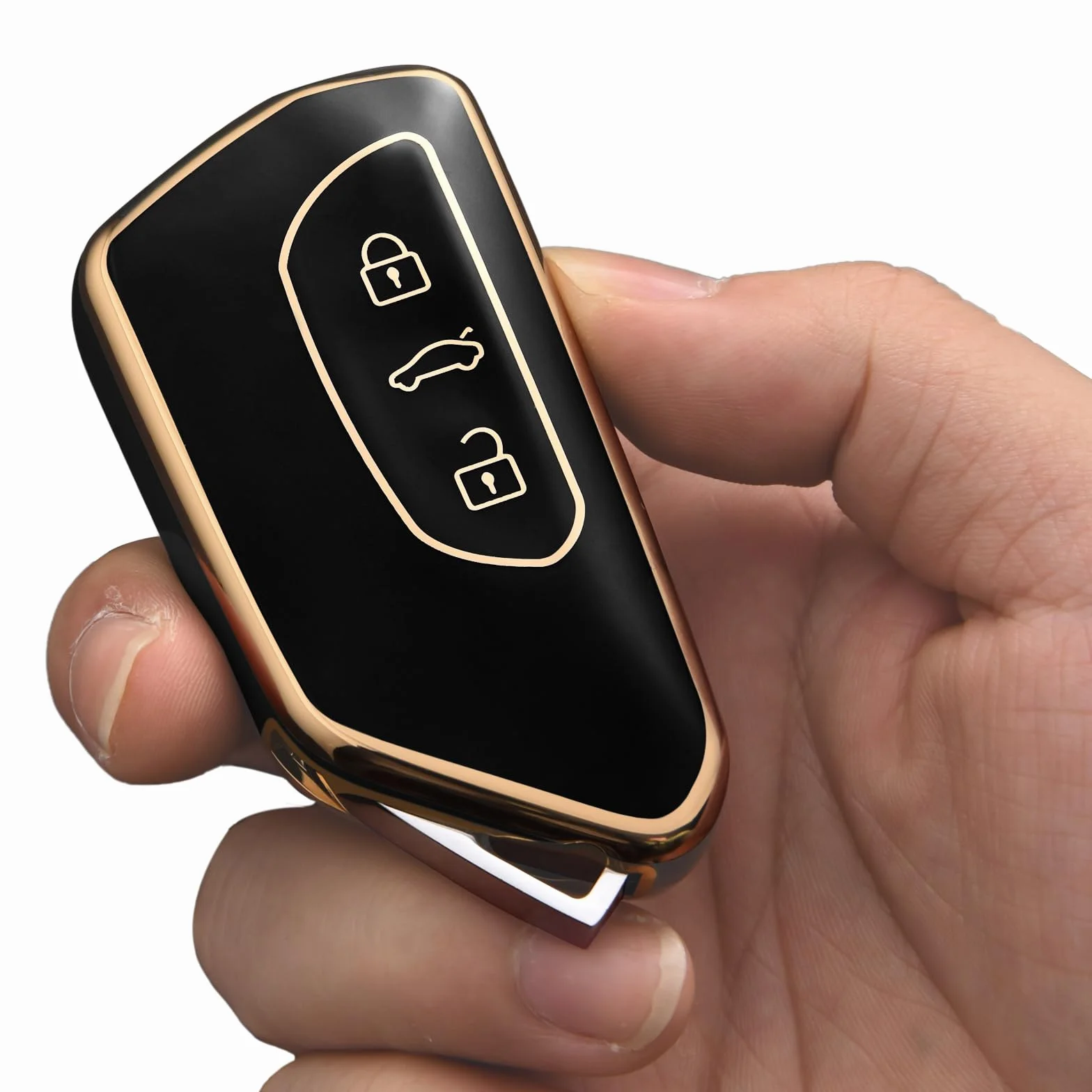 OATSBASF Etui na kluczyki samochodowe do VW, TPU silikonowe etui na klucze, kompatybilne z Golf 8, ID3, ID4, GTI, GTE, Seat Leon MK4, Tarraco, Ateca i Skoda Octavia (złote obramowanie, czarne)