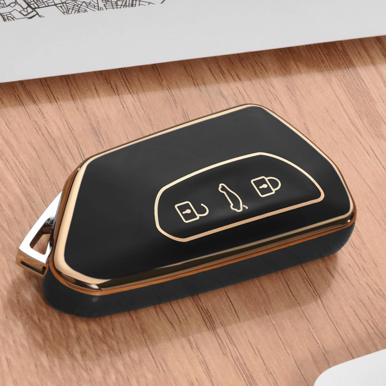 OATSBASF Etui na kluczyki samochodowe do VW, TPU silikonowe etui na klucze, kompatybilne z Golf 8, ID3, ID4, GTI, GTE, Seat Leon MK4, Tarraco, Ateca i Skoda Octavia (złote obramowanie, czarne)