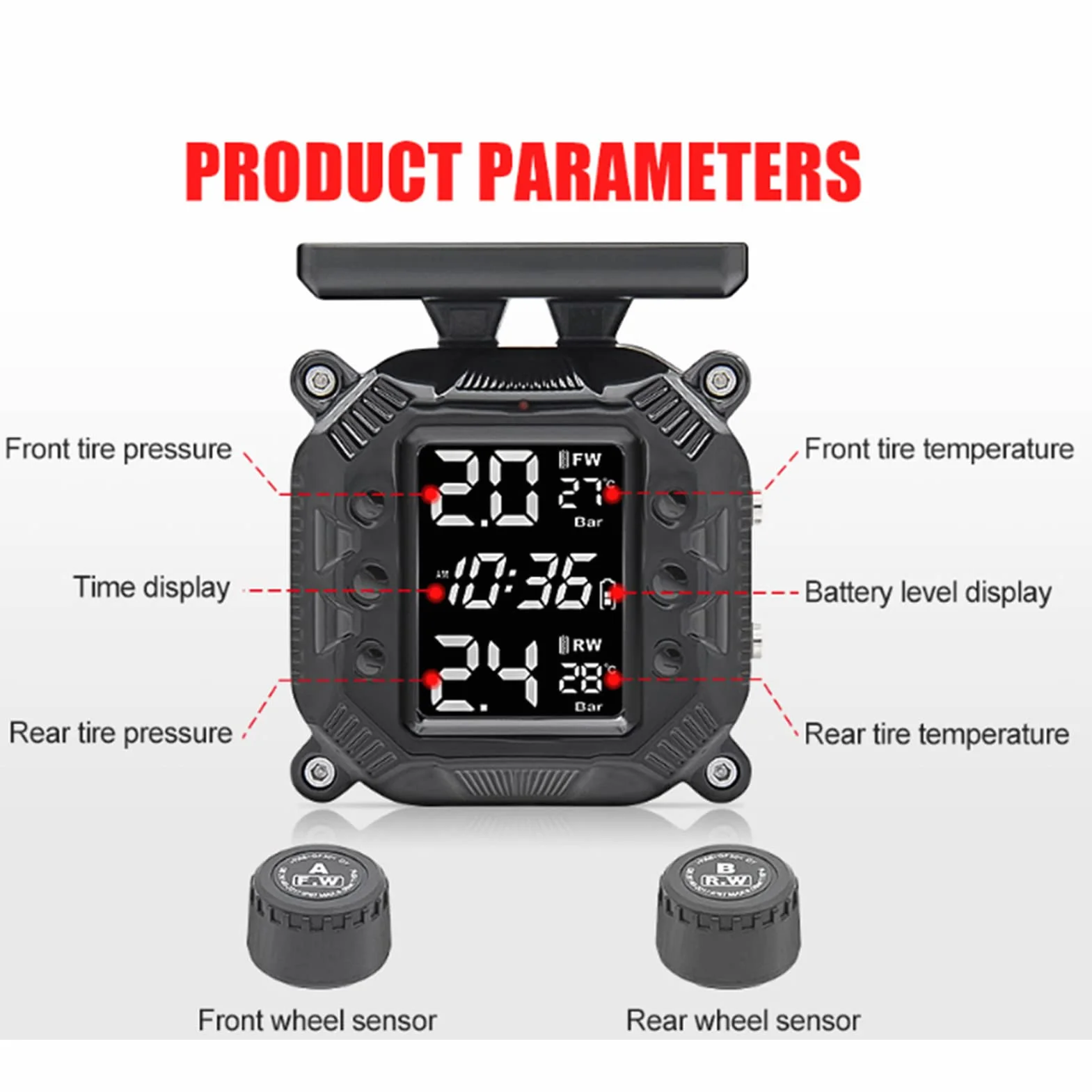 Motocykl TPMS Bezprzewodowy System Monitorowania Ciśnienia w Oponach Solar Power z Wyświetlaczem 2 Czujniki Zewnętrzne