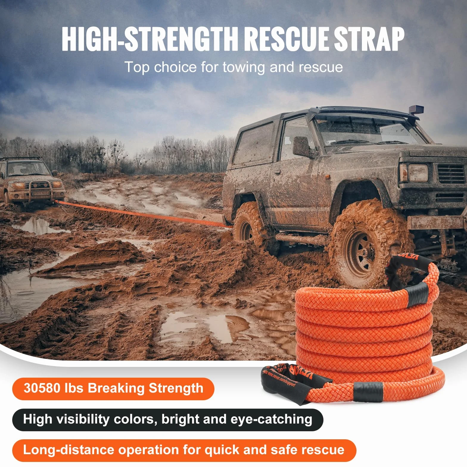 VEVOR Lina holownicza kinetyczna 7/20.3 cm x 20' 13,9 kg, ekstremalna siła 30% elastyczność do jeepa, samochodu, ciężarówki, ATV, UTV, SUV-a