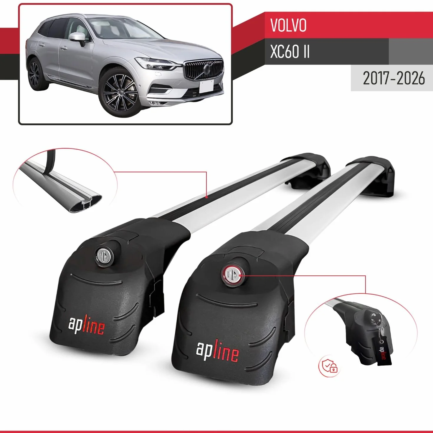 Kompatybilny z Volvo XC60 II 2017-2026 ACE-2 Model Aluminiowe poprzeczki dachowe Szary 2 szt.