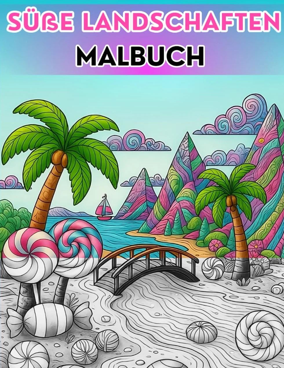 Süße Landschaften Malbuch: Für Erwachsene und Senioren, Zuckergebirge, Marshmallow-Wolken, Karamellhügel, Süßigkeitenstrand. Entspannen und ... und kreative Freude durch Kunsttherapie.