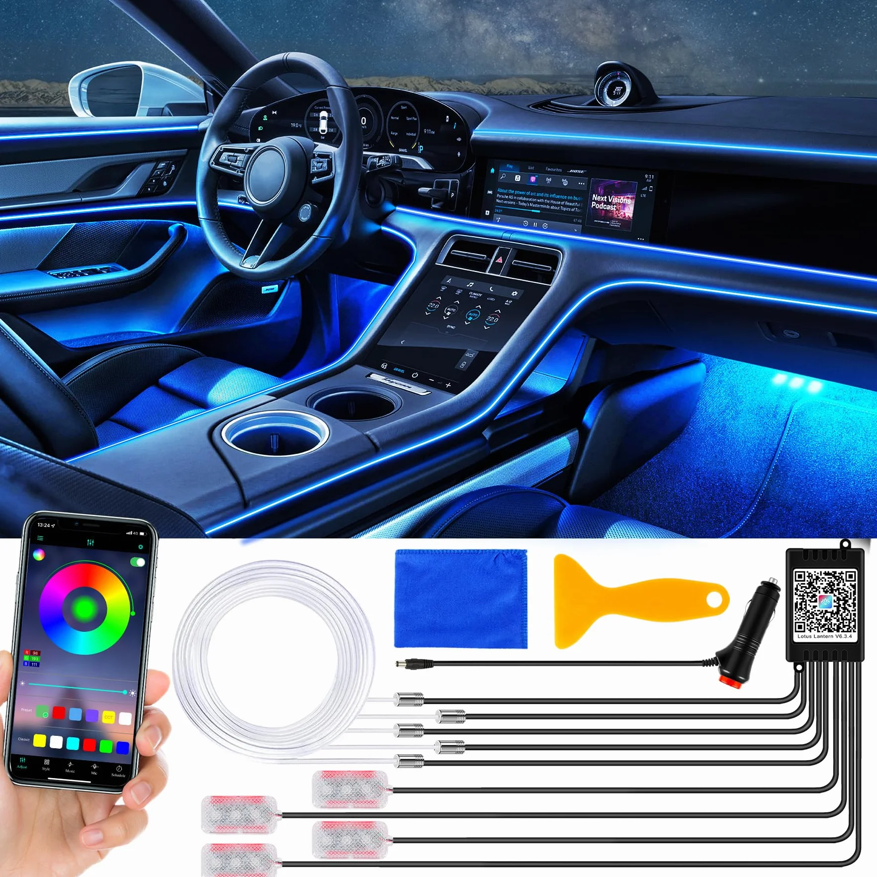 Taśma LED 6,5 m 12 V RGB wodoszczelna sterowanie muzyką oświetlenie wnętrza samochodu