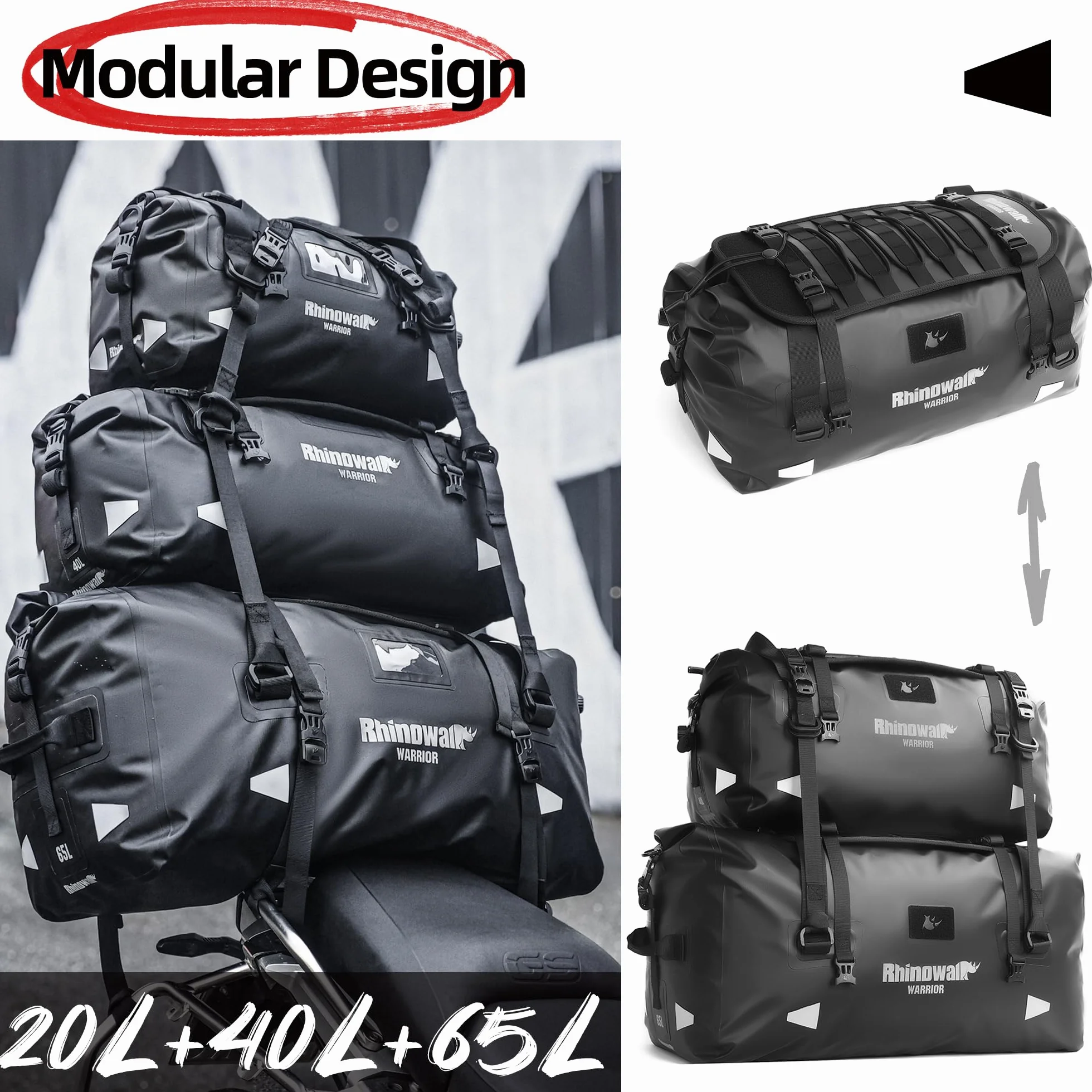 Rhinowalk Wodoodporna torba na tylną torbę motocyklową Duffle z dużą przestrzenią na kemping, pływanie łódką, bycycle, 60 l, czarna