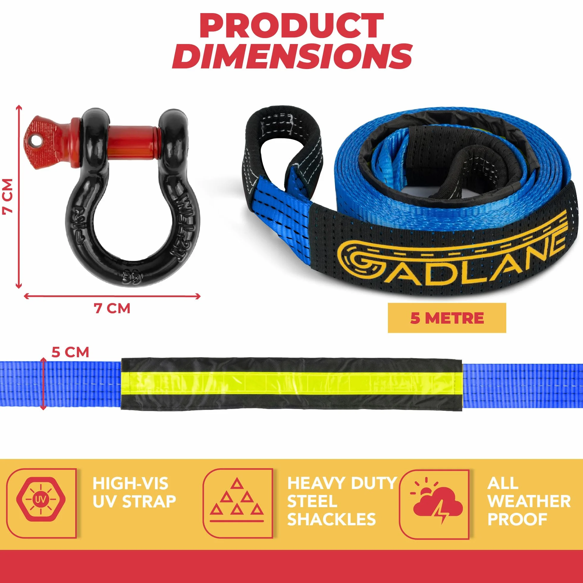 GADLANE Hi Vis Lina Holownicza - 5m x 5cm Gruba, pojemność 10 ton (22,000 funtów), odporna na zużycie poliester z wzmocnionymi końcówkami, pokryta UV lina holownicza, wysokiej jakości okucia na D-ring