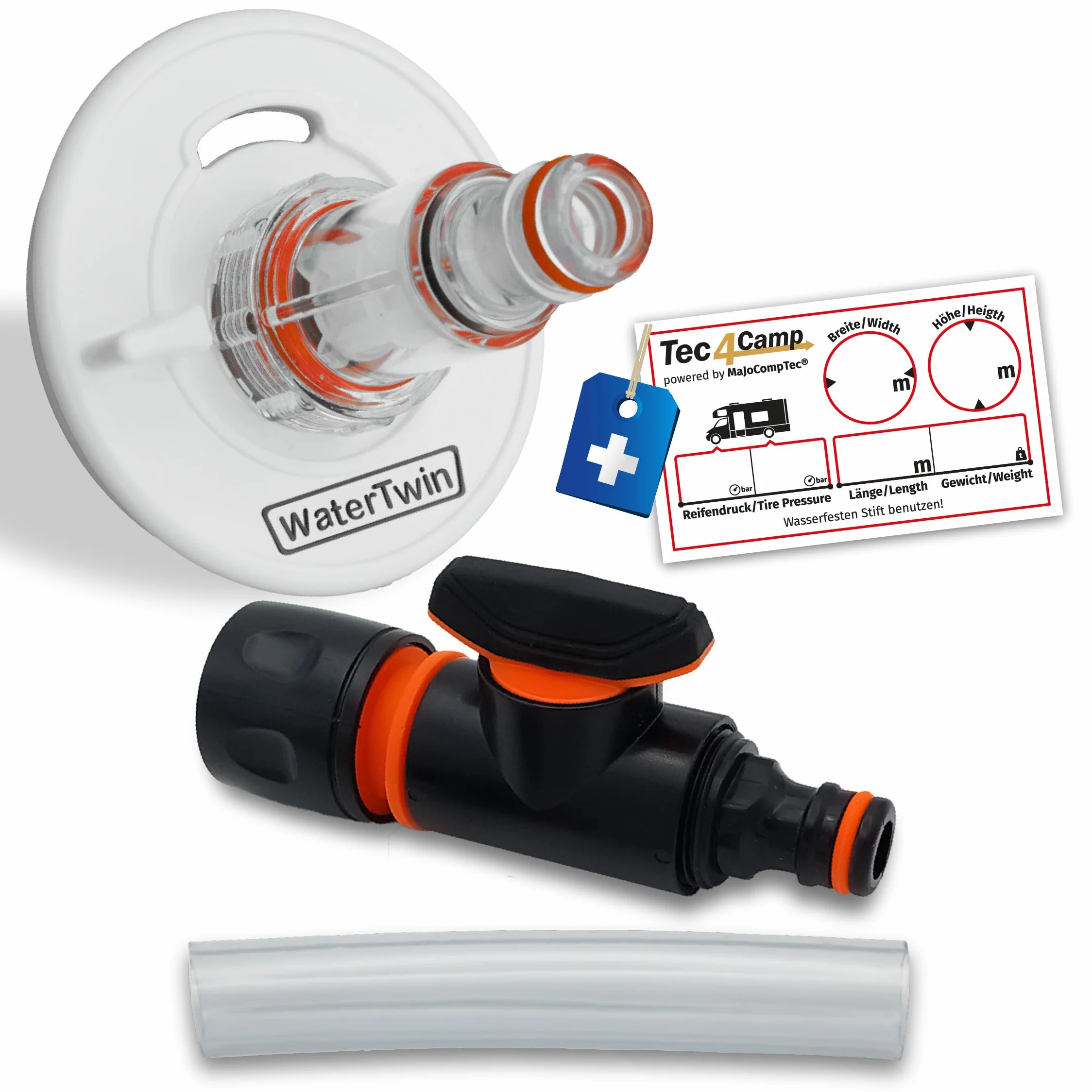 MaJoCompTec WATERTWIN Pokrywa wlewu paliwa z przyłączem wody, przyłącze do króćca wlewu wody, akcesoria do przyczep kempingowych wersja PRO + filtr + zawór adapter 3-pinowy D:78